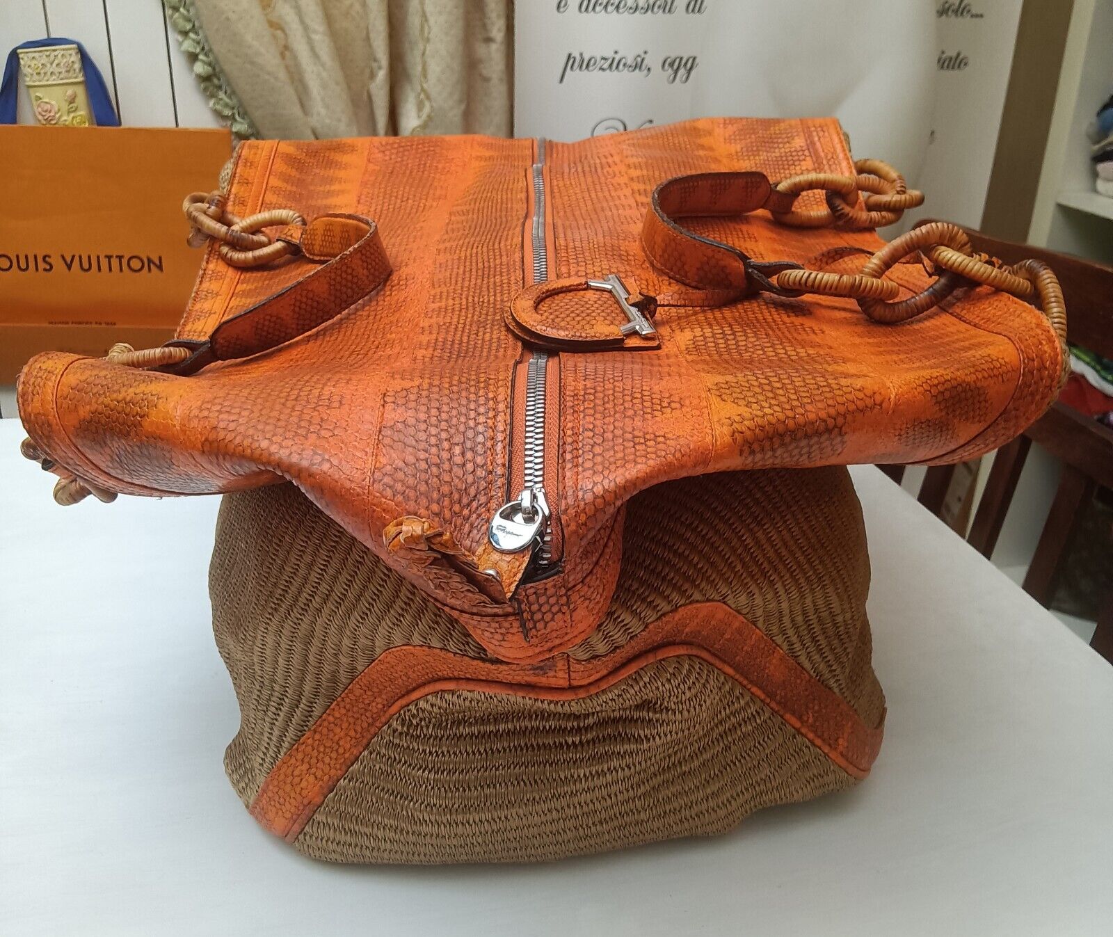 Ferragamo Salvatore - Borsa Shopper gigante in Rafia e vero Rettile