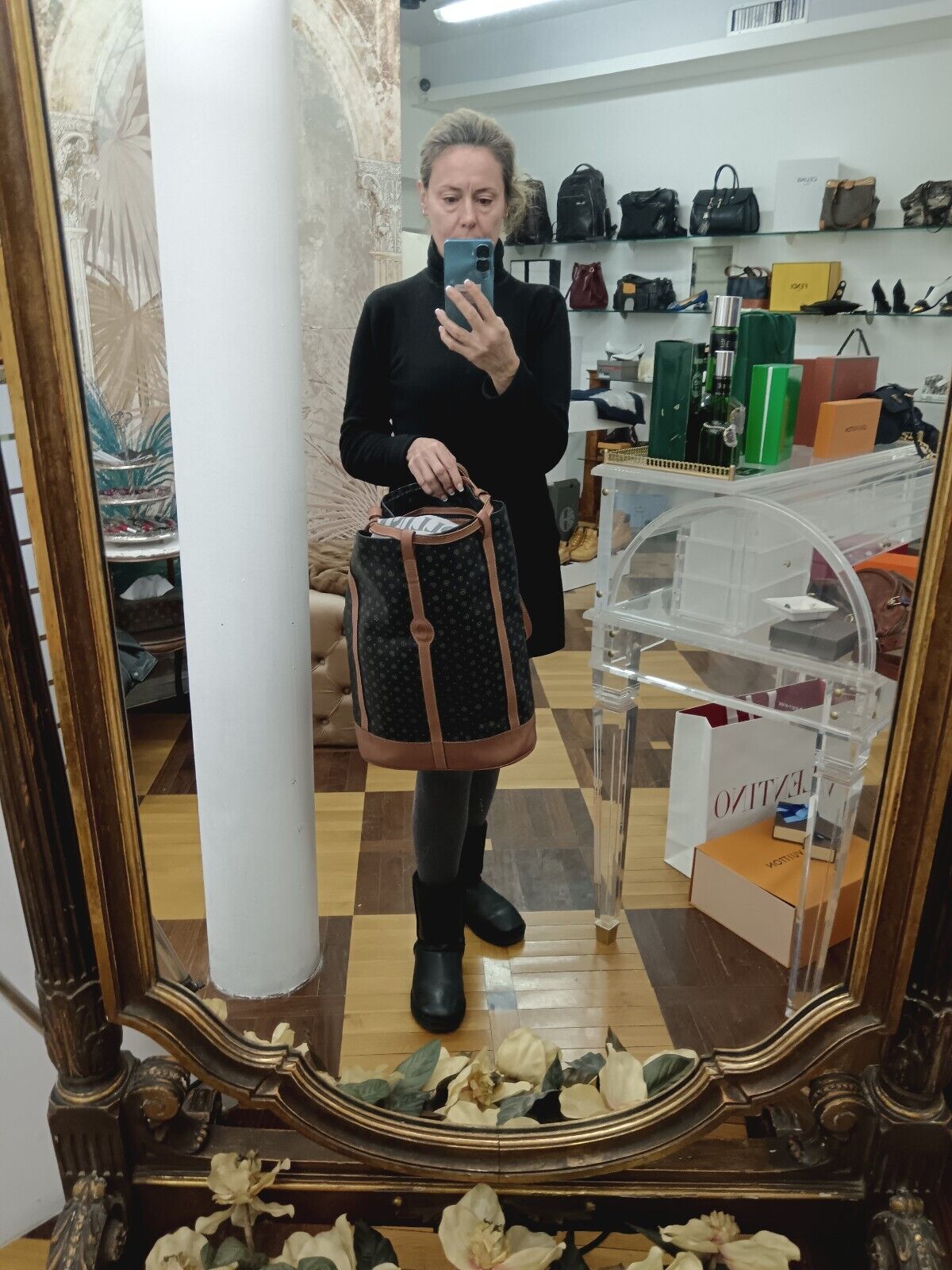 Pollini – Zaino Secchiello a Spalla Misura Gigante Pelle Monogram Vintage