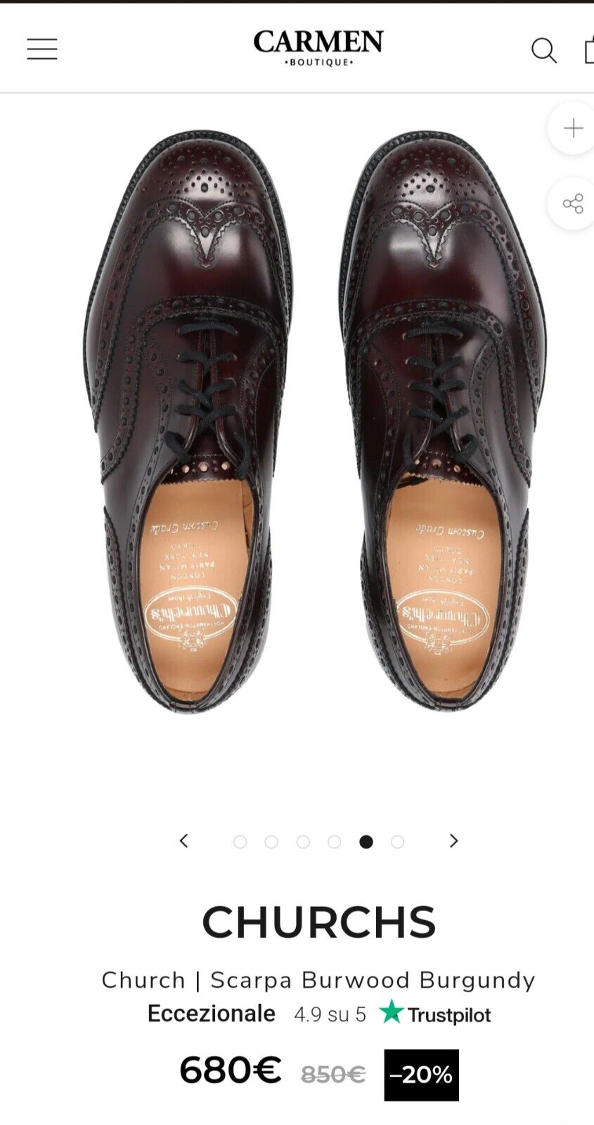 Church’s – Mocassini Donna Burwood WG Oxford Brogue Stringate in Pelle Burgundy