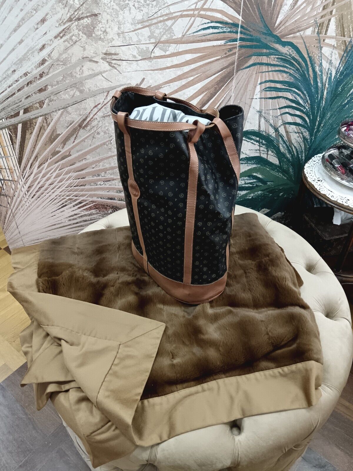 Pollini – Zaino Secchiello a Spalla Misura Gigante Pelle Monogram Vintage