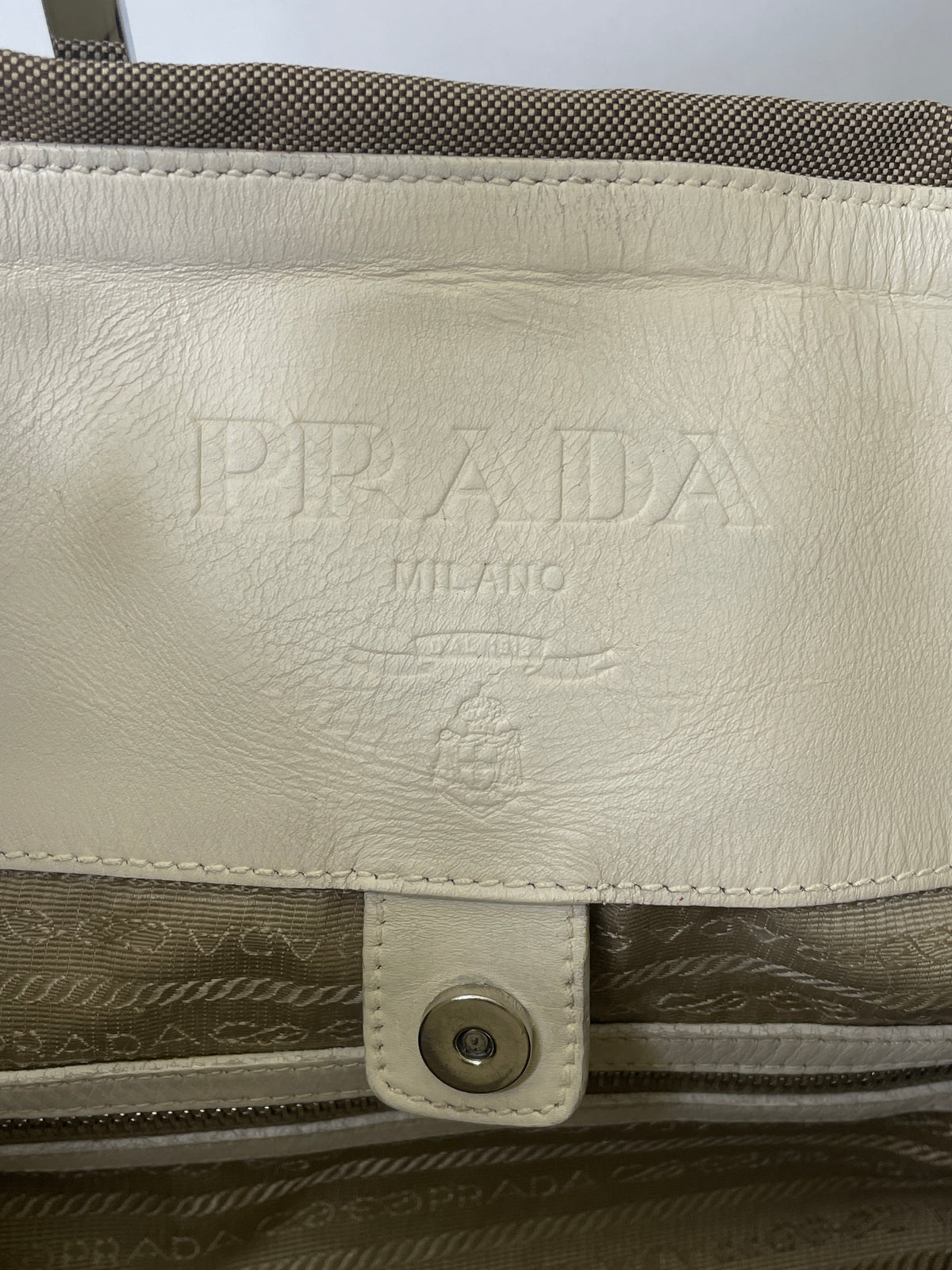 Prada - Hobo/Tote 2024 Logo Jacquard Canapa con Inserzioni in Pelle Bianca