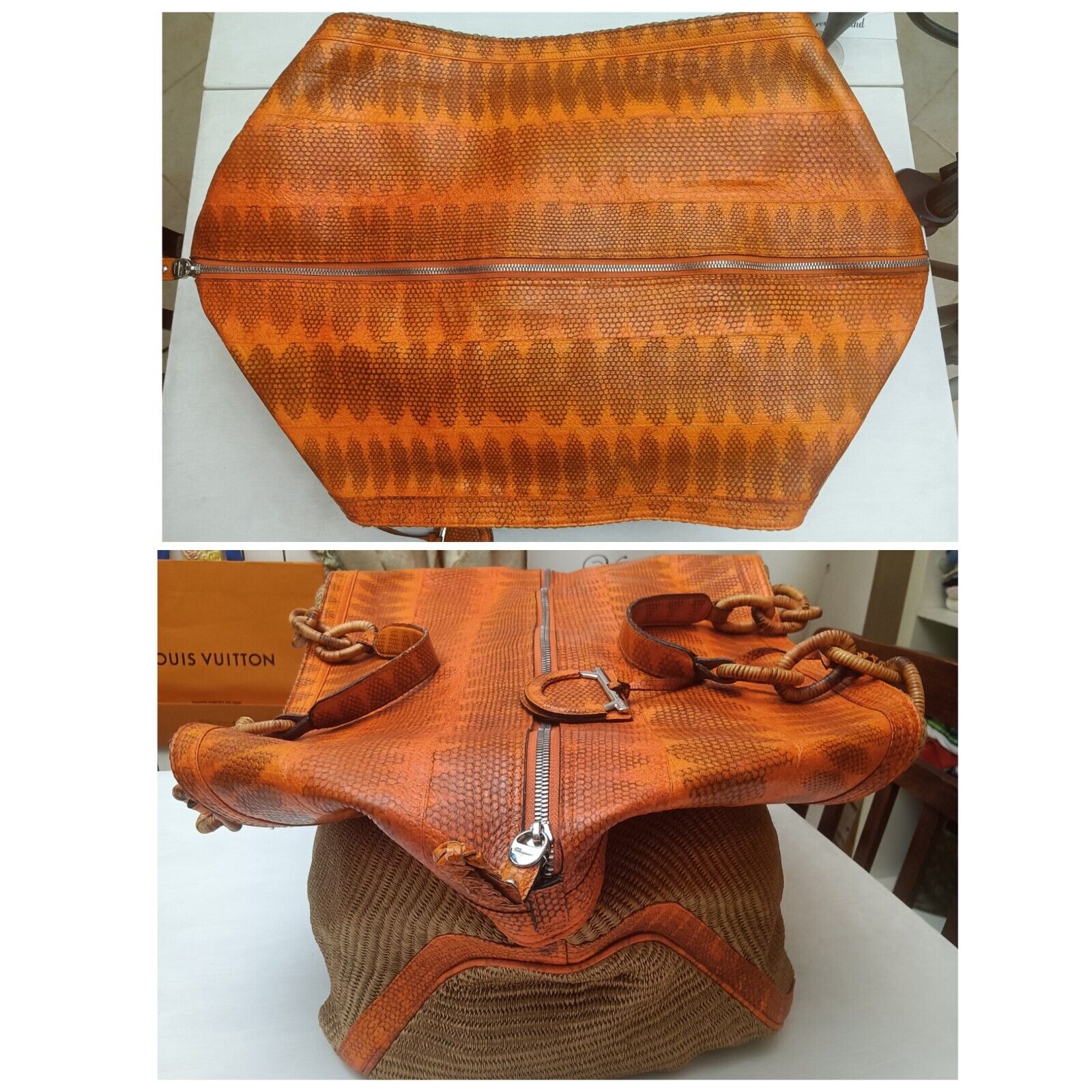 Ferragamo Salvatore - Borsa Shopper gigante in Rafia e vero Rettile