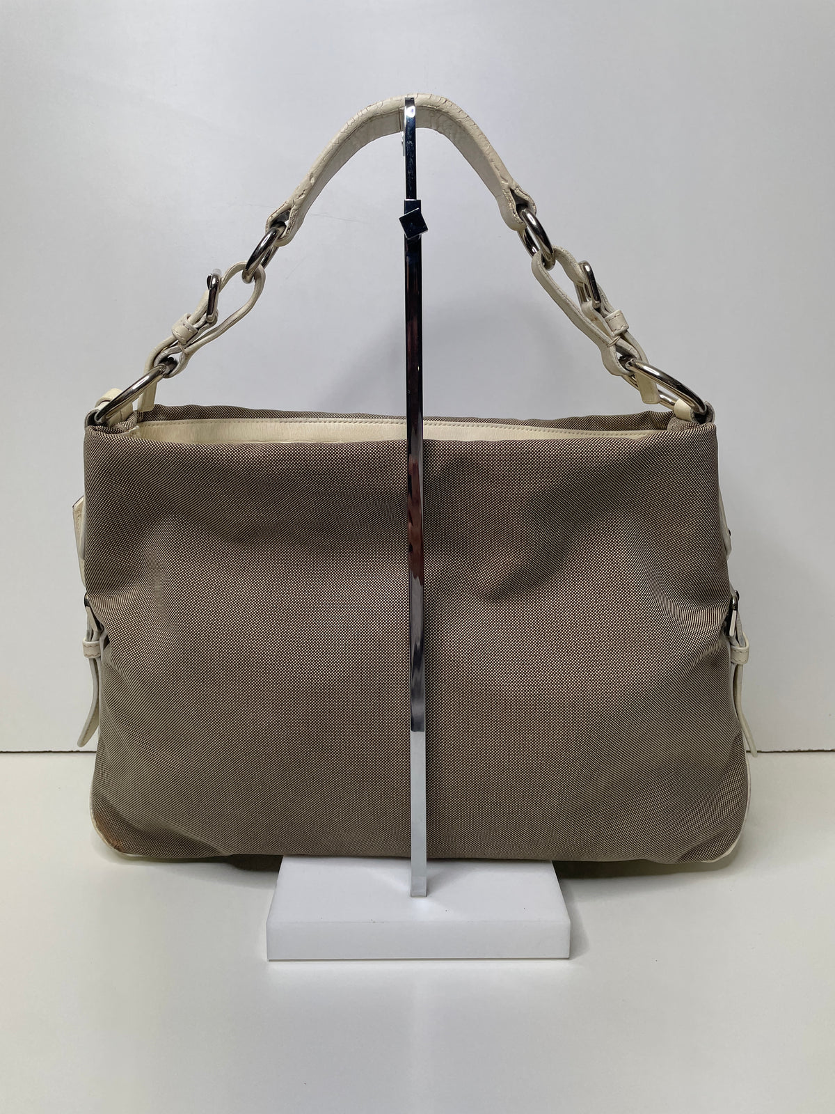 Prada - Hobo/Tote 2024 Logo Jacquard Canapa con Inserzioni in Pelle Bianca