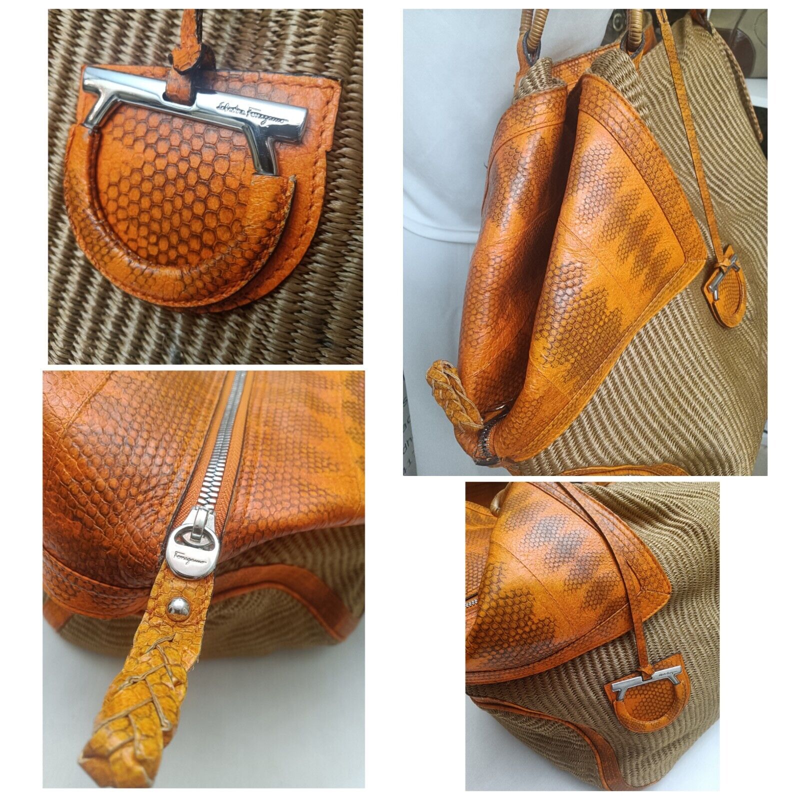 Ferragamo Salvatore - Borsa Shopper gigante in Rafia e vero Rettile