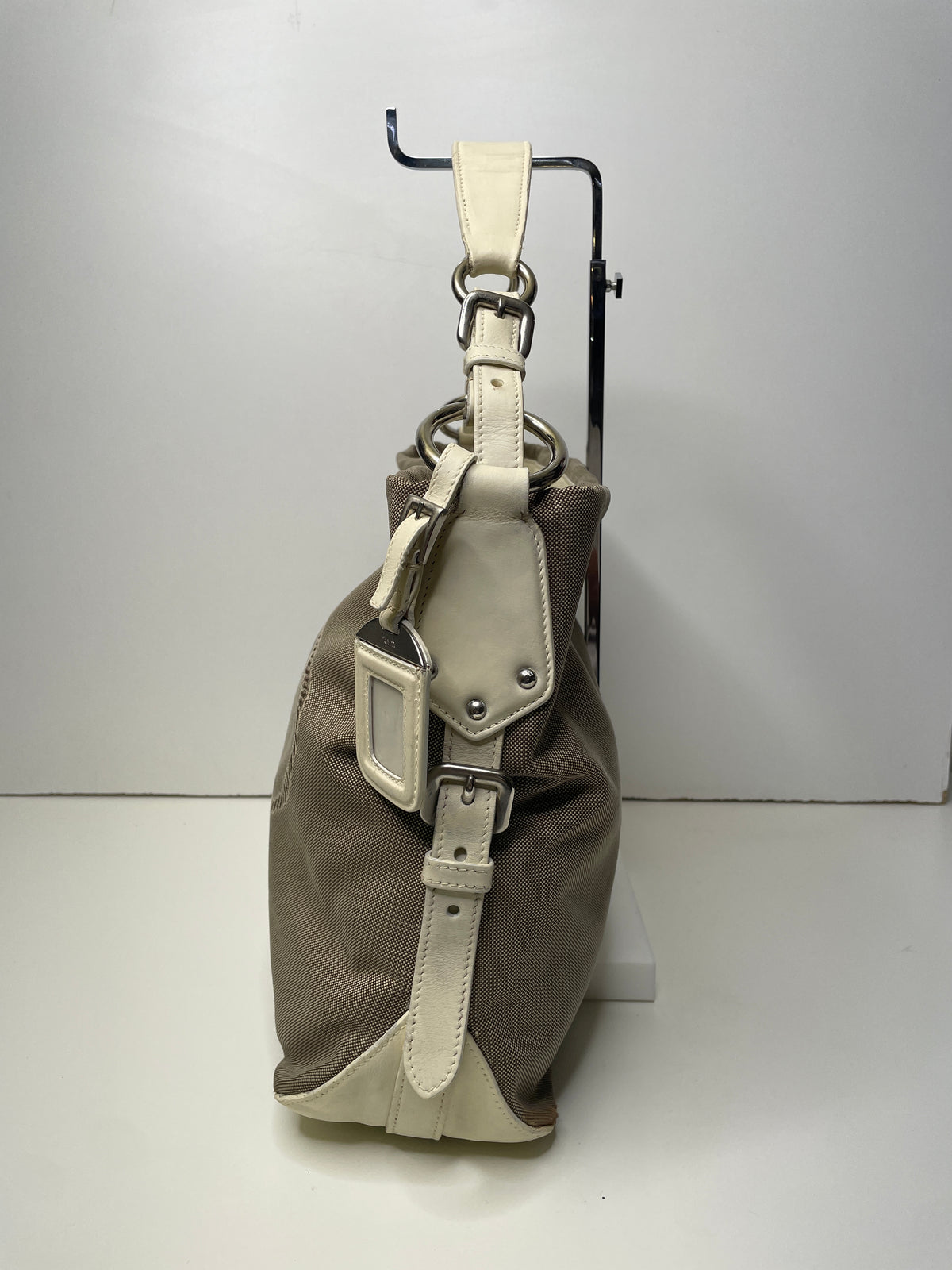 Prada - Hobo/Tote 2024 Logo Jacquard Canapa con Inserzioni in Pelle Bianca
