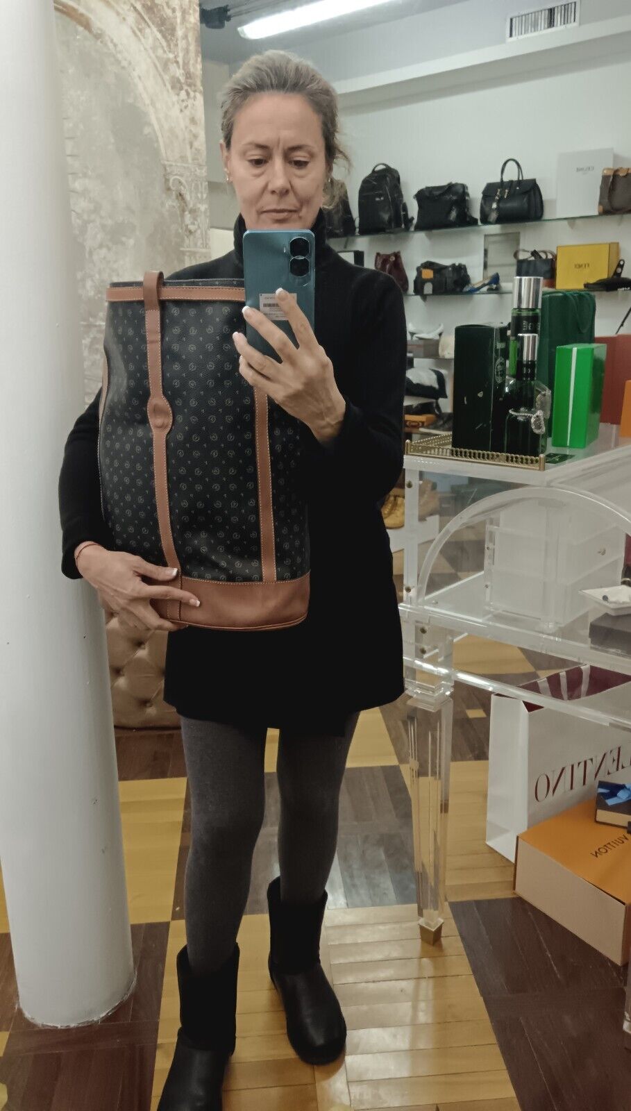 Pollini – Zaino Secchiello a Spalla Misura Gigante Pelle Monogram Vintage