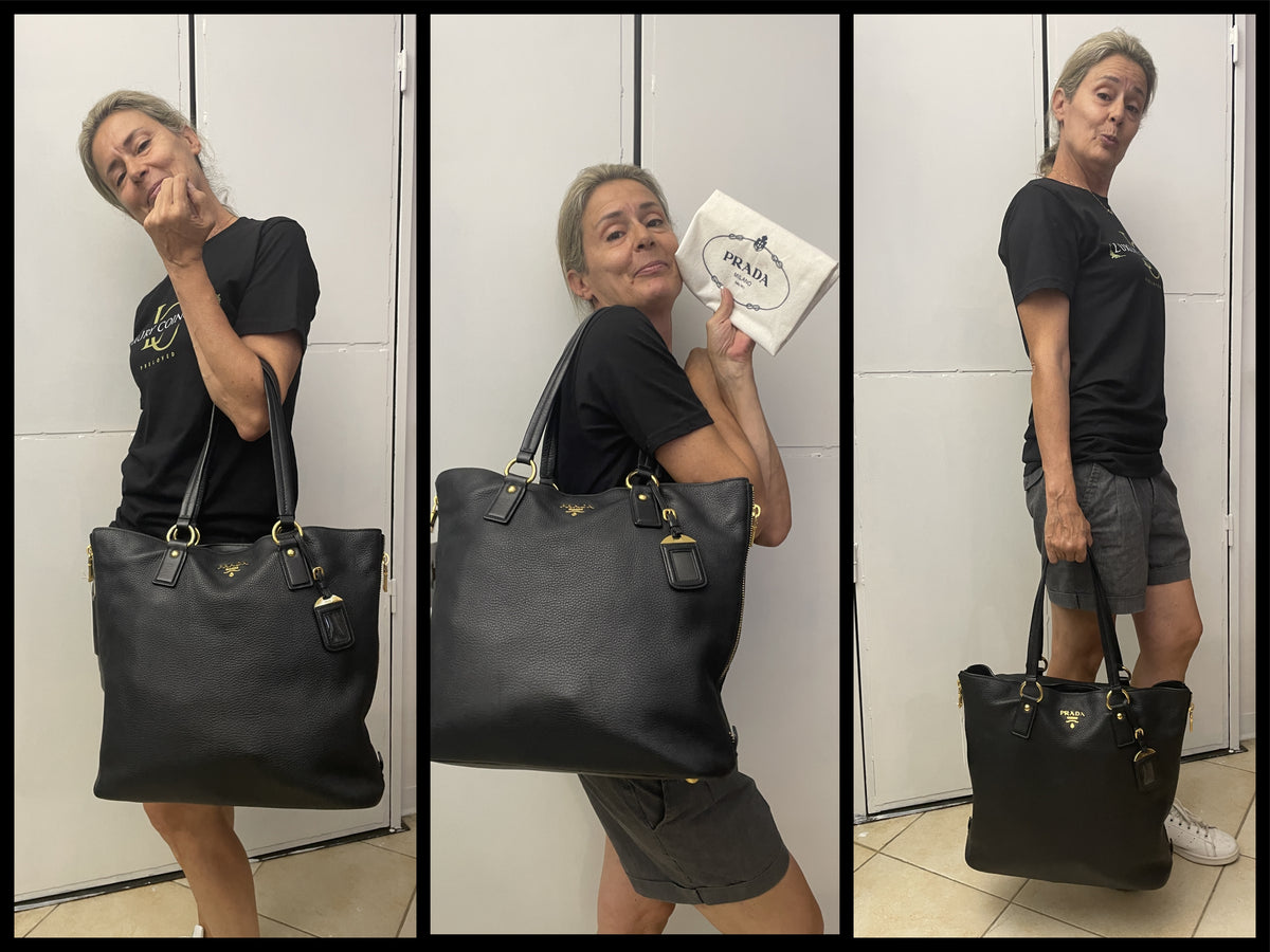 Prada - Shopper Espandibile in Pelle Martellata Nera