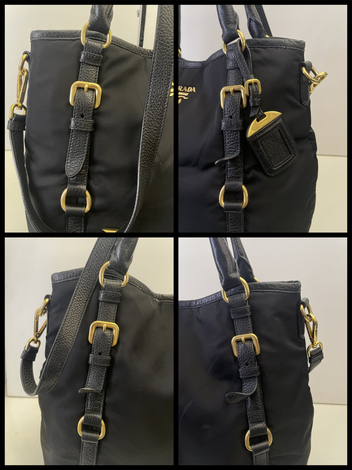 Prada - Tote Shopper Nylon Nero con Fasce in Pelle e Doppi Anelli FULL SET