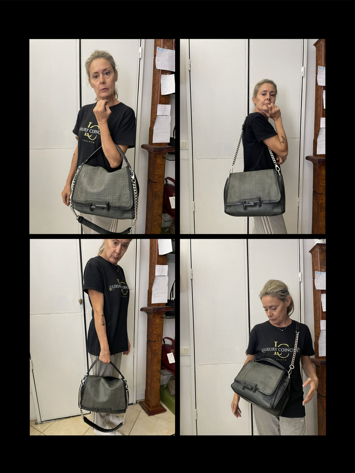 Tod's - Double T Pelle Nera E Intreccio Grigio Scuro
