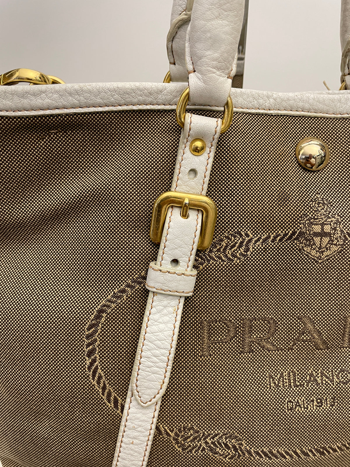 Prada - Tote/Mini Shopper Logo Jacquard Beige/Avorio con Tracolla
