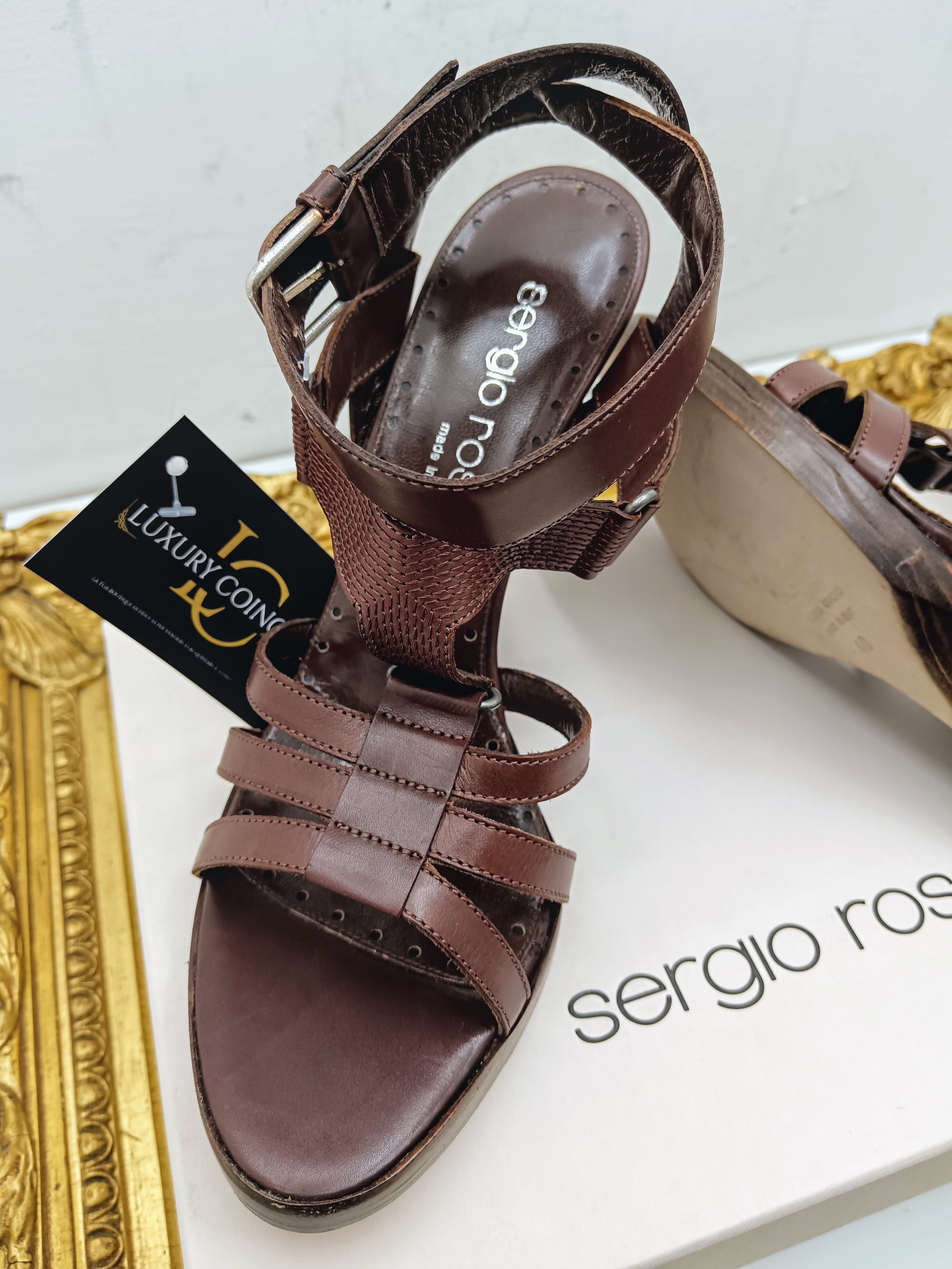 Sergio Rossi – Sandali Donna Legno e Pelle Marrone Nuovi