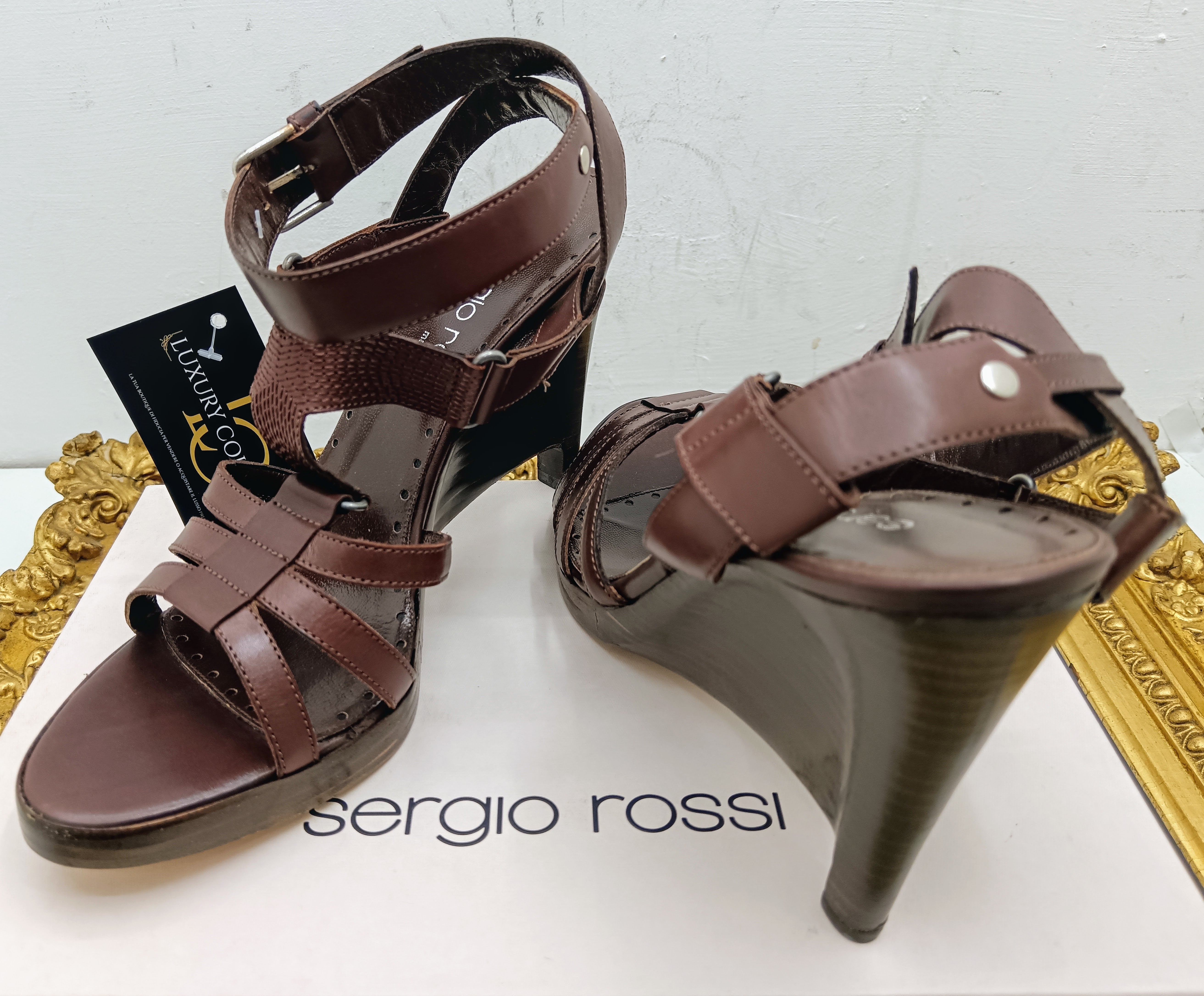 Sergio Rossi – Sandali Donna Legno e Pelle Marrone Nuovi