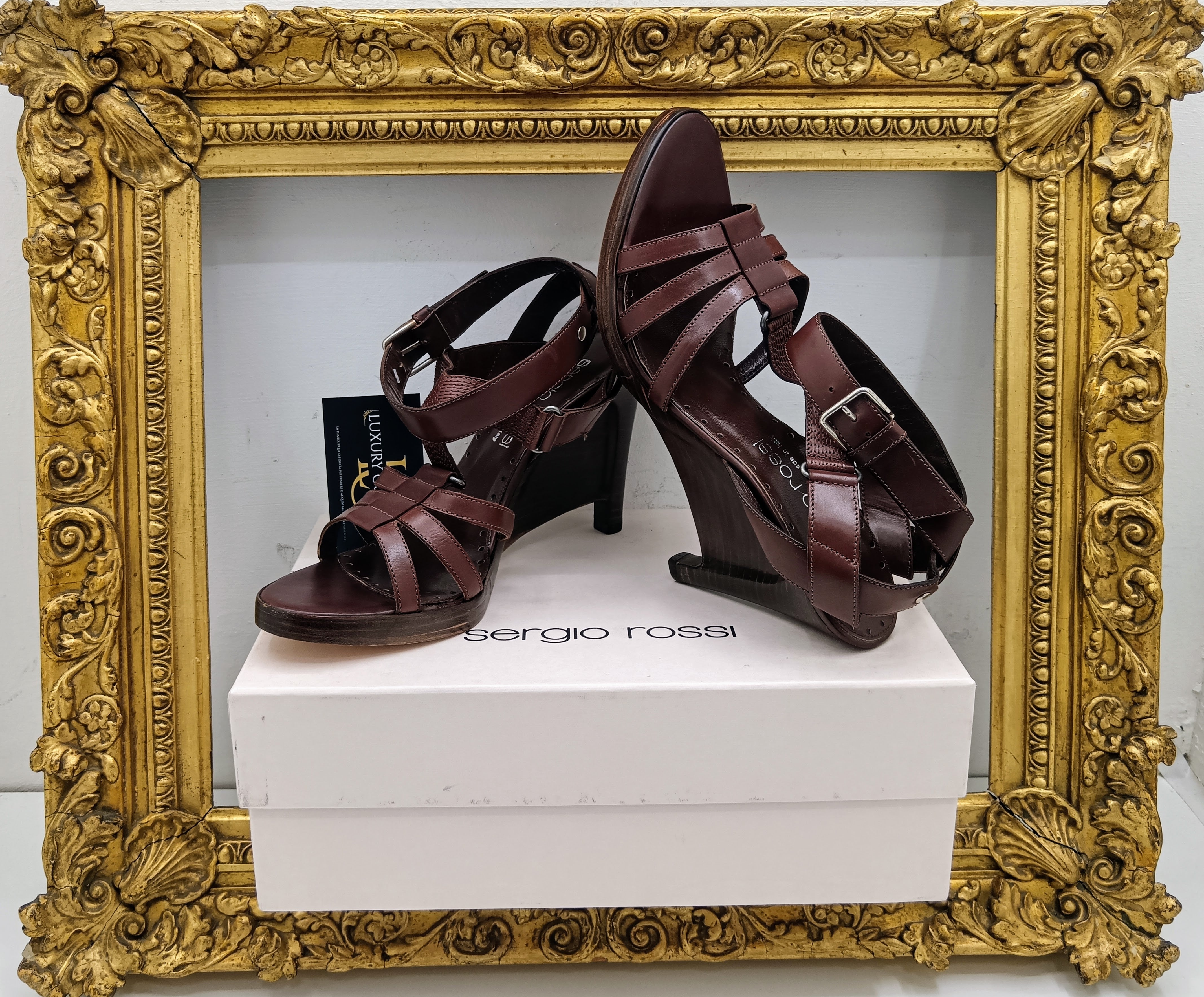 Sergio Rossi – Sandali Donna Legno e Pelle Marrone Nuovi