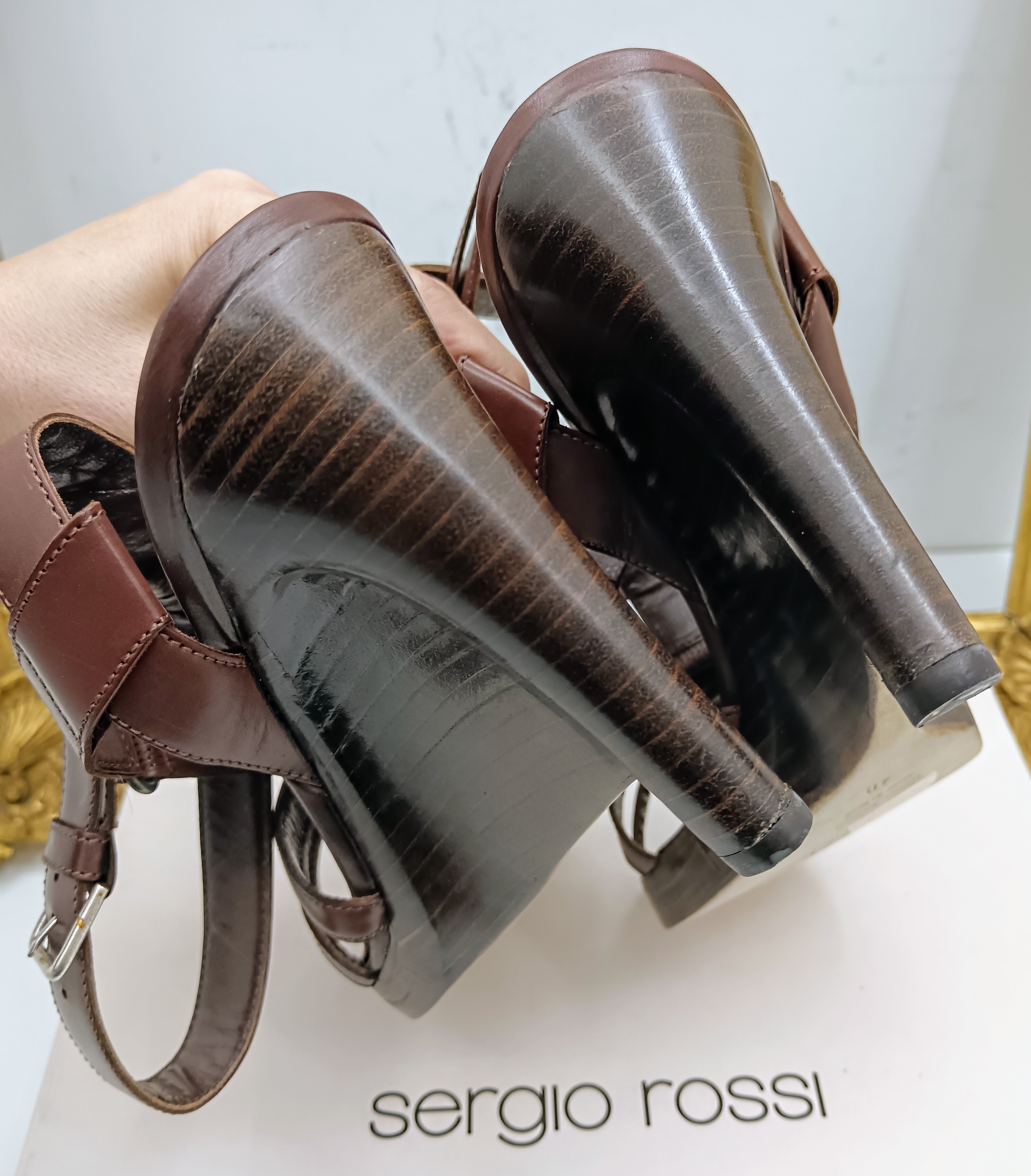 Sergio Rossi – Sandali Donna Legno e Pelle Marrone Nuovi