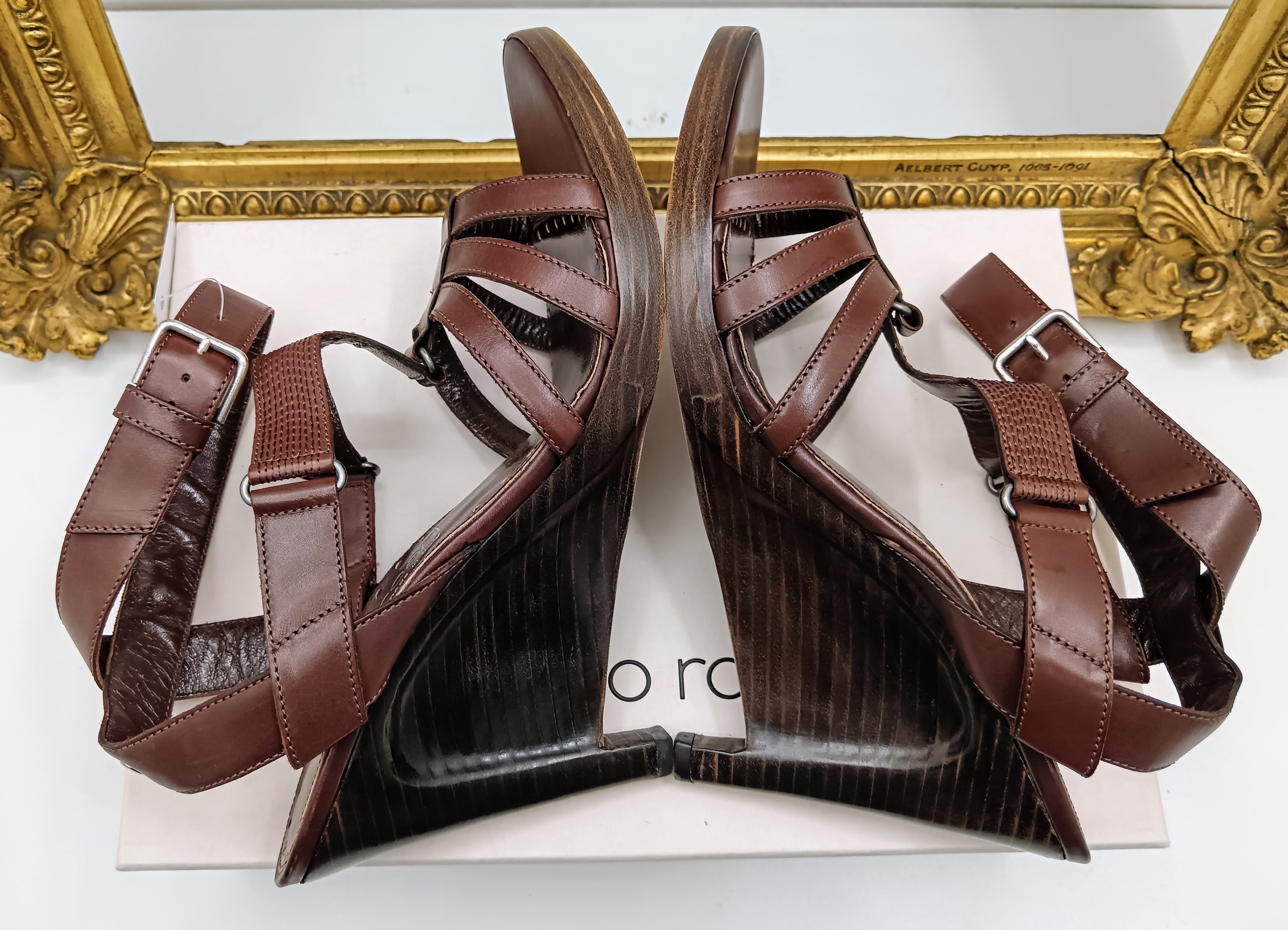 Sergio Rossi – Sandali Donna Legno e Pelle Marrone Nuovi