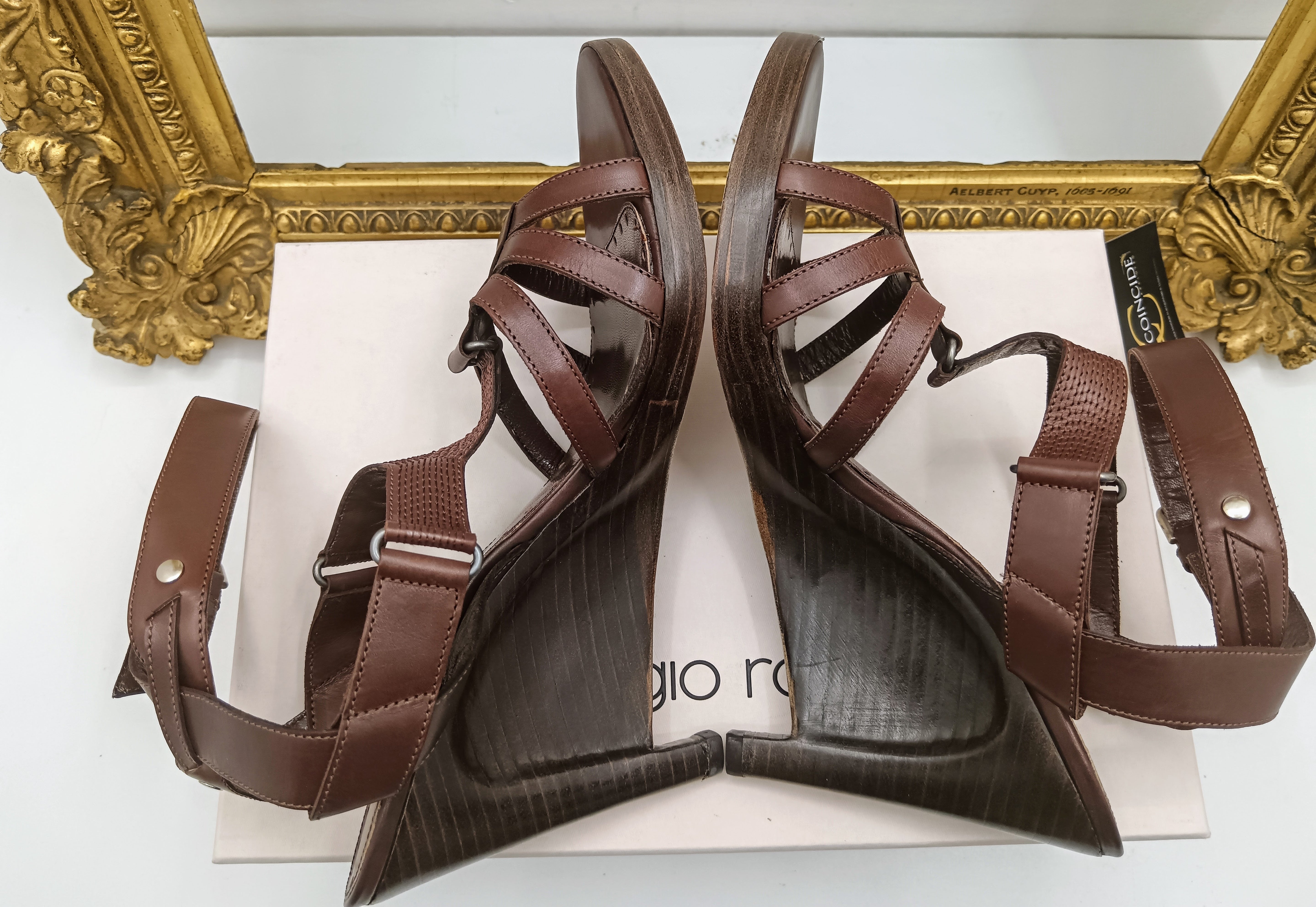 Sergio Rossi – Sandali Donna Legno e Pelle Marrone Nuovi