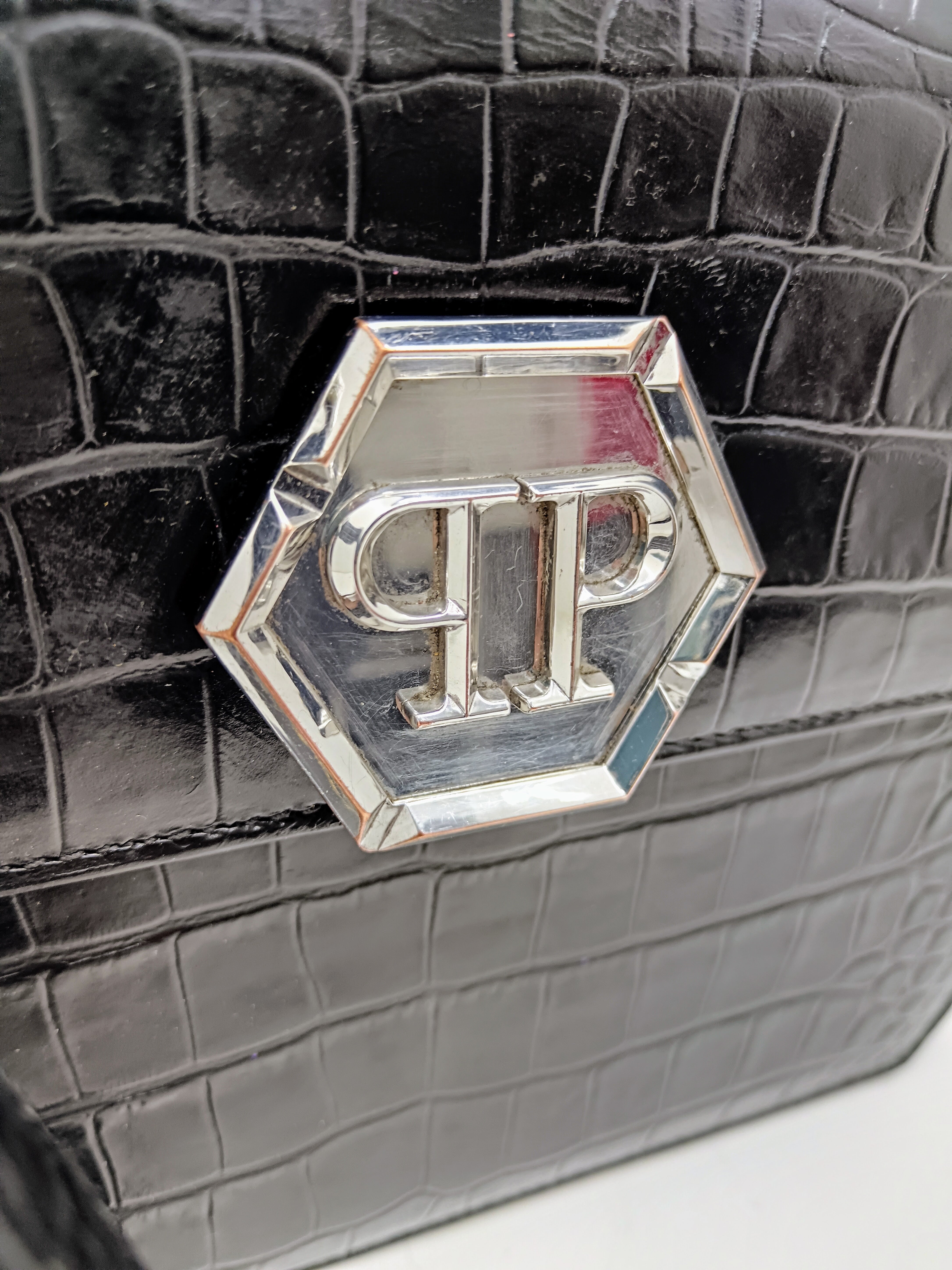 Philipp Plein – Hexagon Tote Bag stampa coccodrillo nero