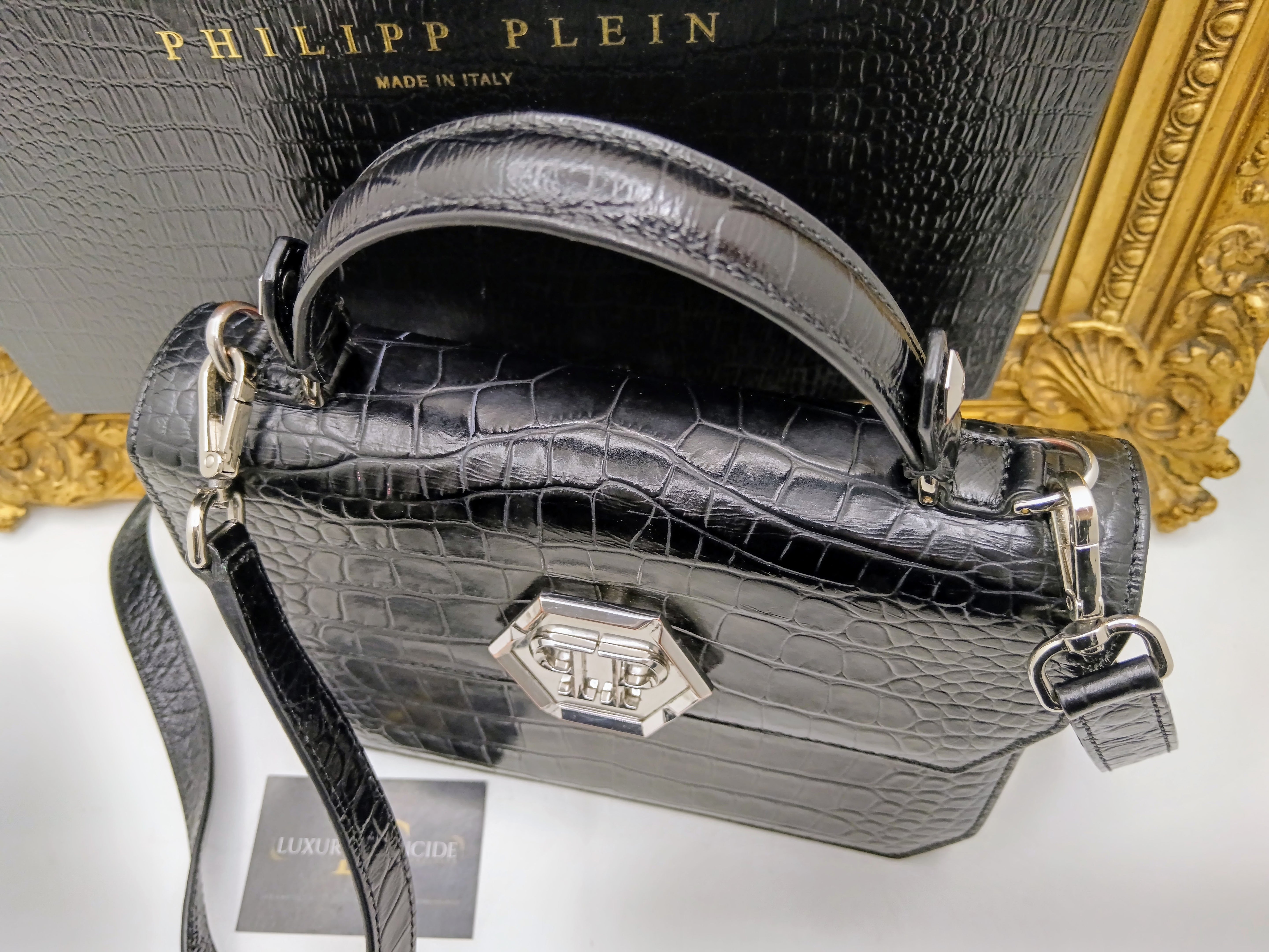 Philipp Plein – Hexagon Tote Bag stampa coccodrillo nero