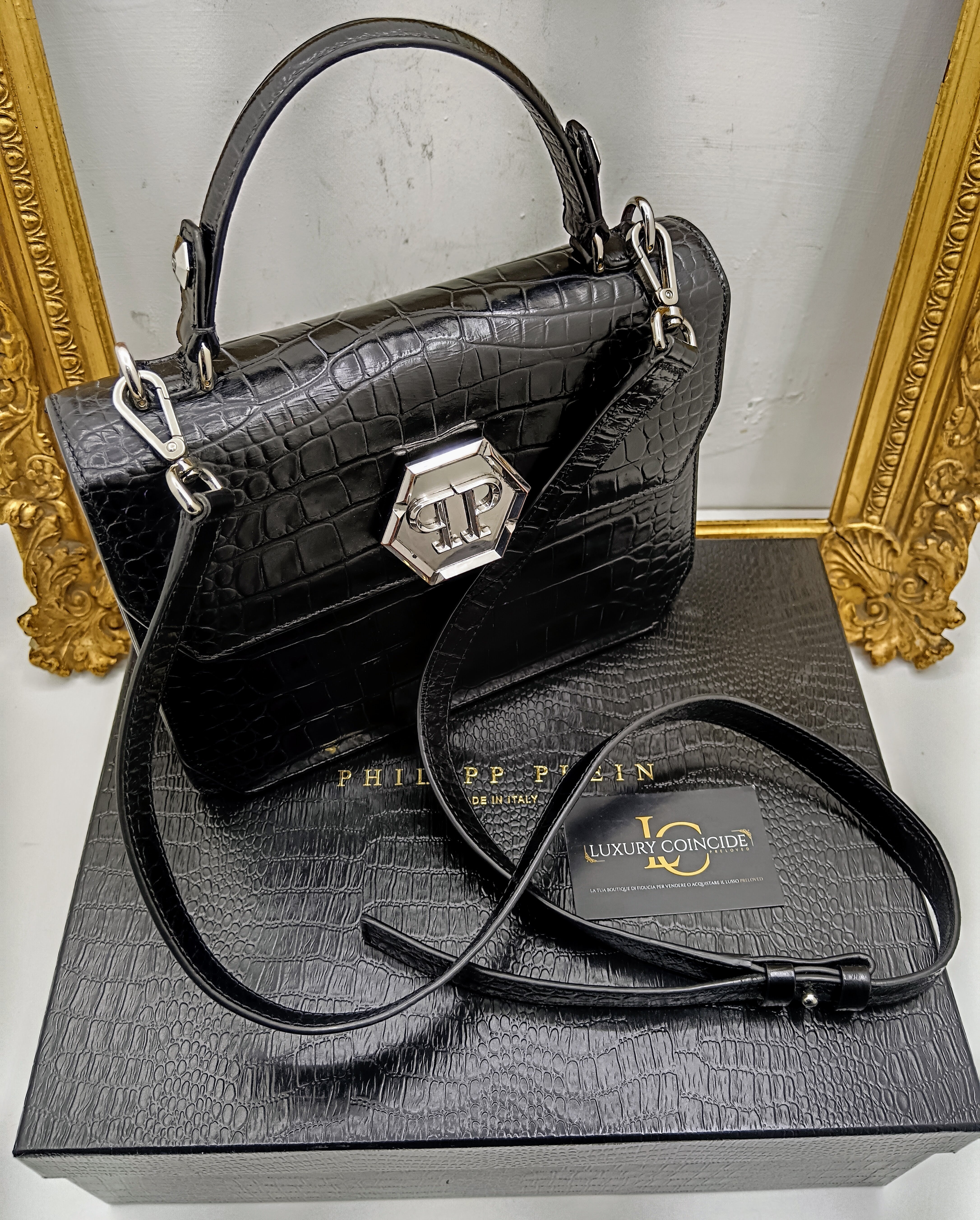 Philipp Plein – Hexagon Tote Bag stampa coccodrillo nero