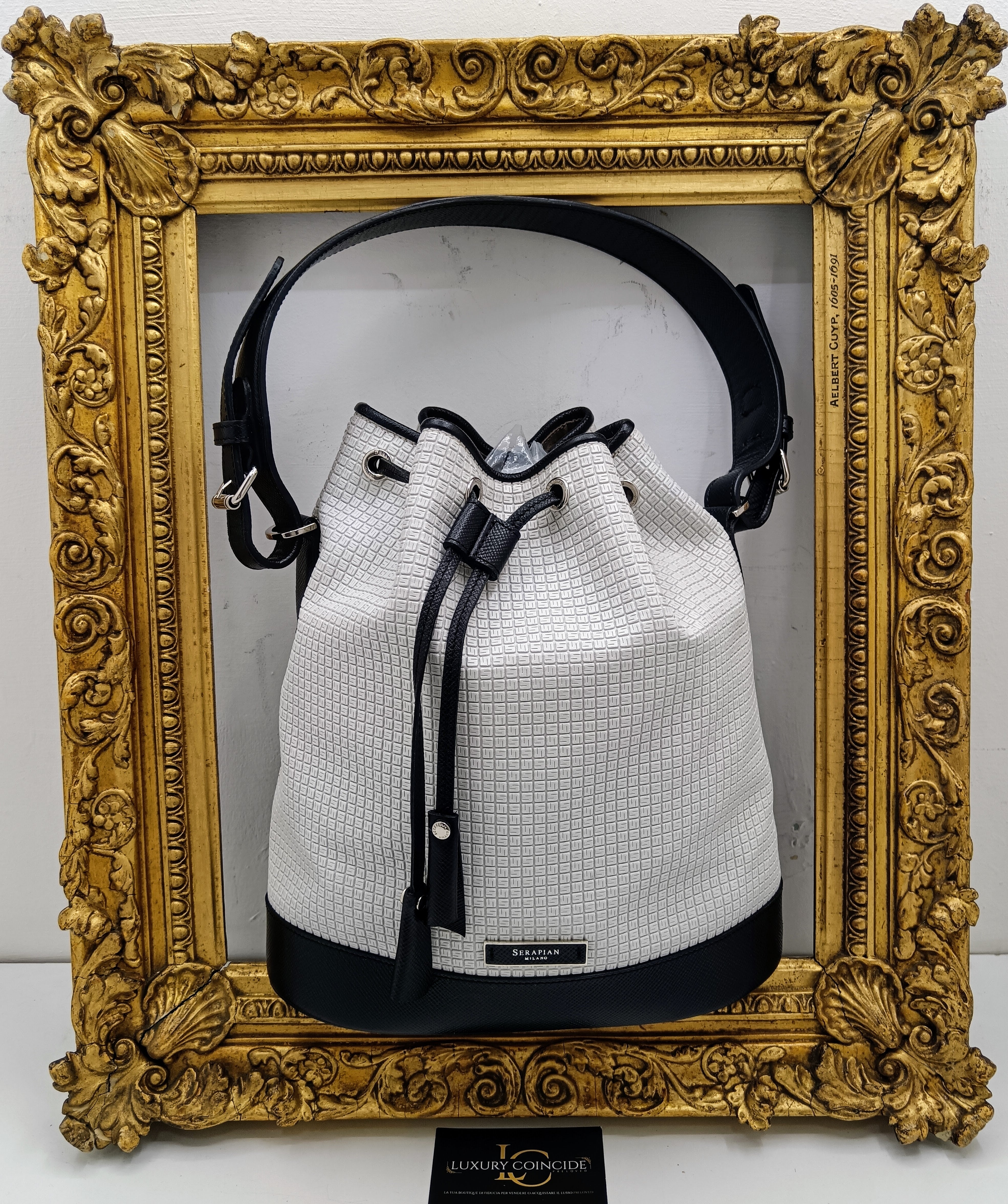 Serapian -Secchiello “Stephan” Borsa a spalla in canvas bianco e pelle nera