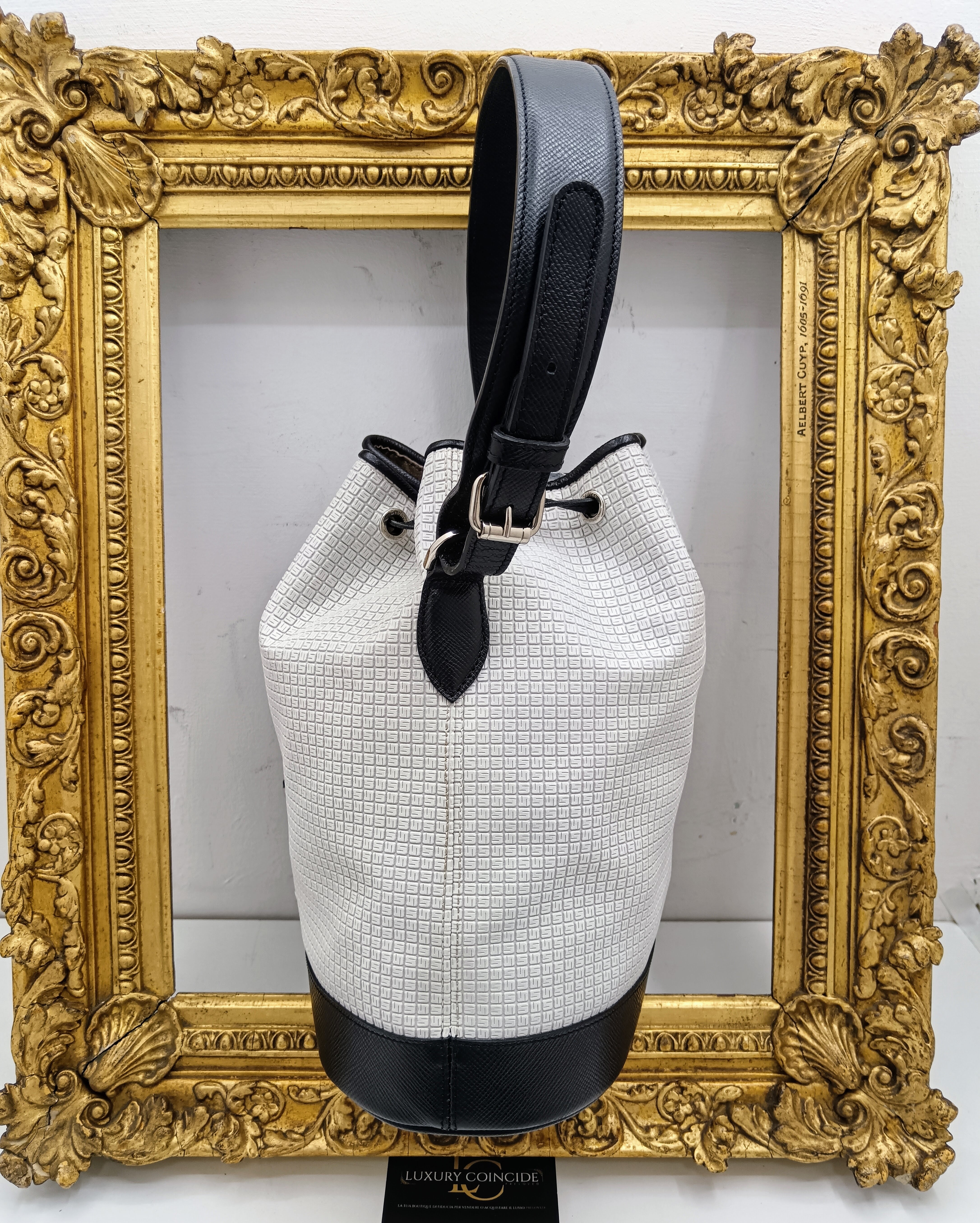 Serapian -Secchiello “Stephan” Borsa a spalla in canvas bianco e pelle nera