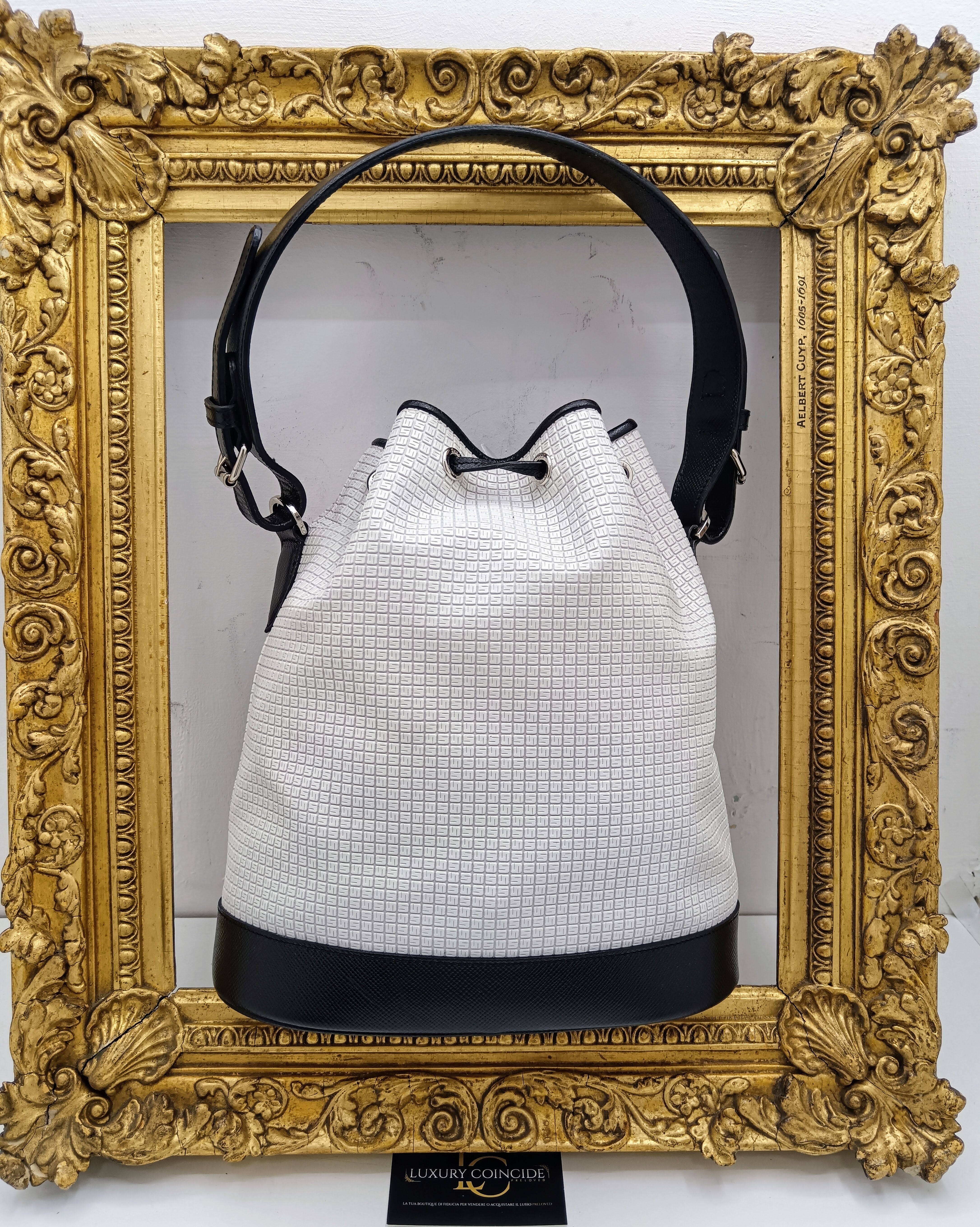 Serapian -Secchiello “Stephan” Borsa a spalla in canvas bianco e pelle nera