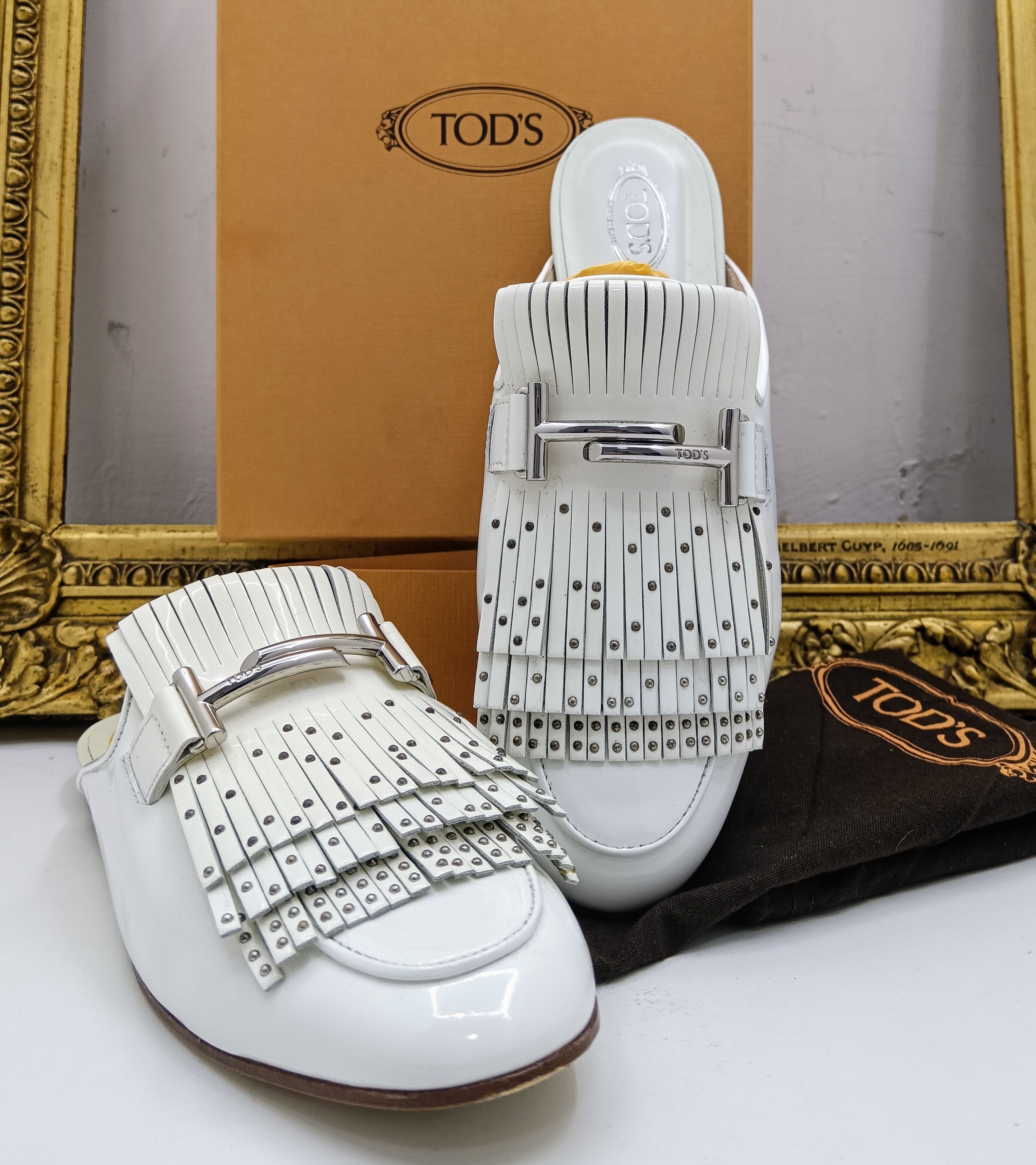 Tod’s - Slipper Sabot Loafer Frange Pelle Vernice Bianca
