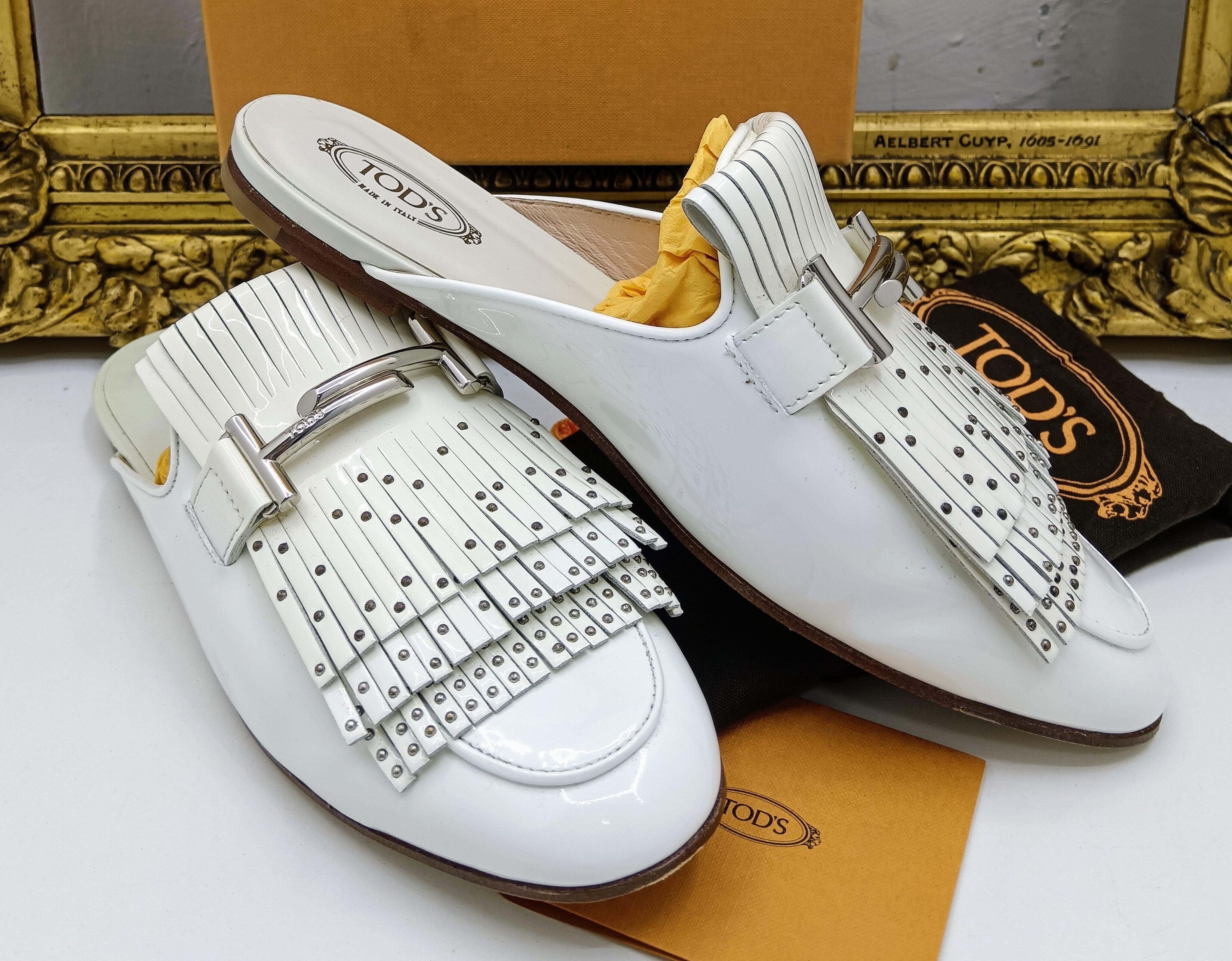 Tod’s - Slipper Sabot Loafer Frange Pelle Vernice Bianca