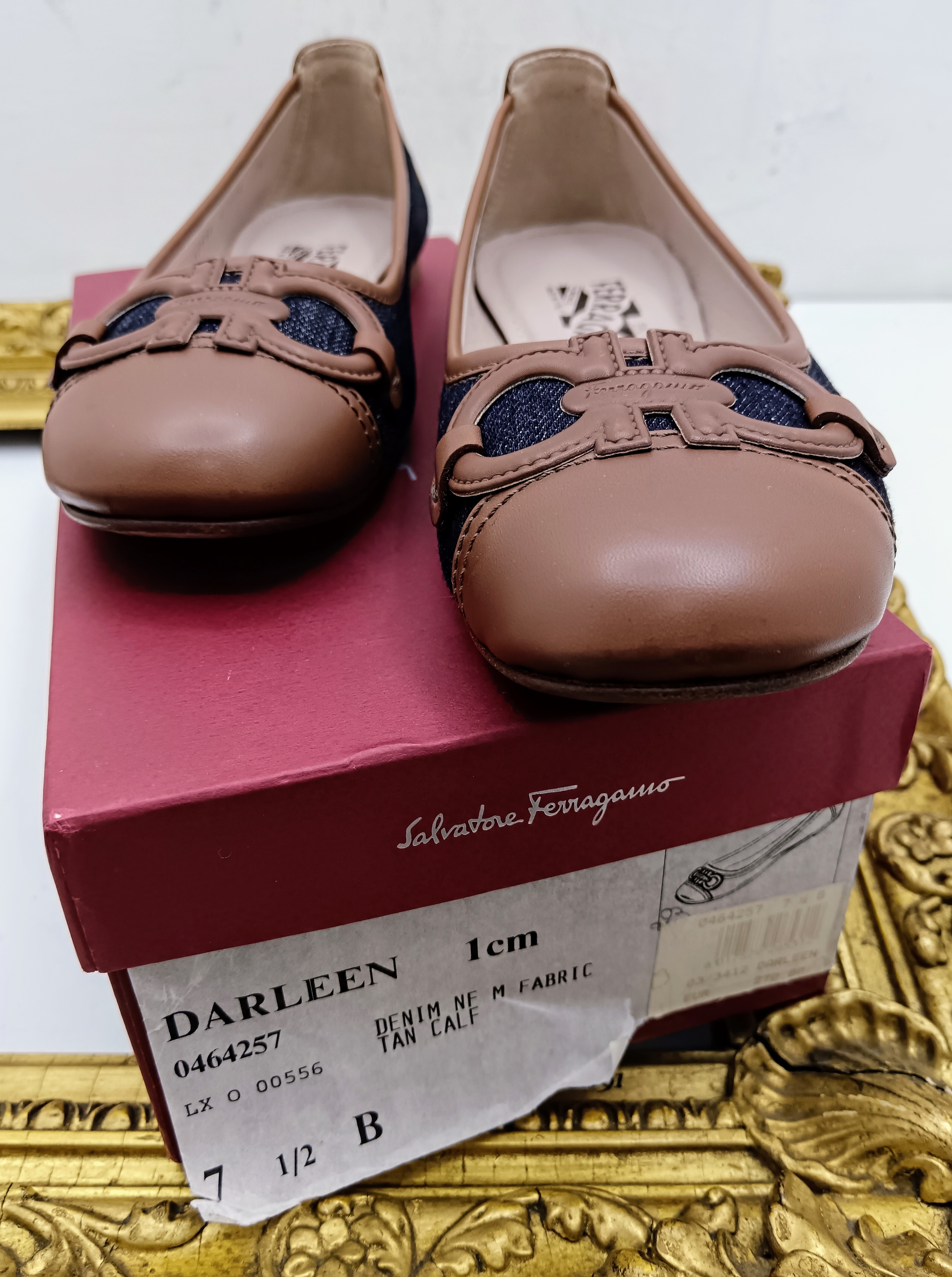 Salvatore Ferragamo – Ballerine Big Logo in Denim e Pelle Cognac – Full Set