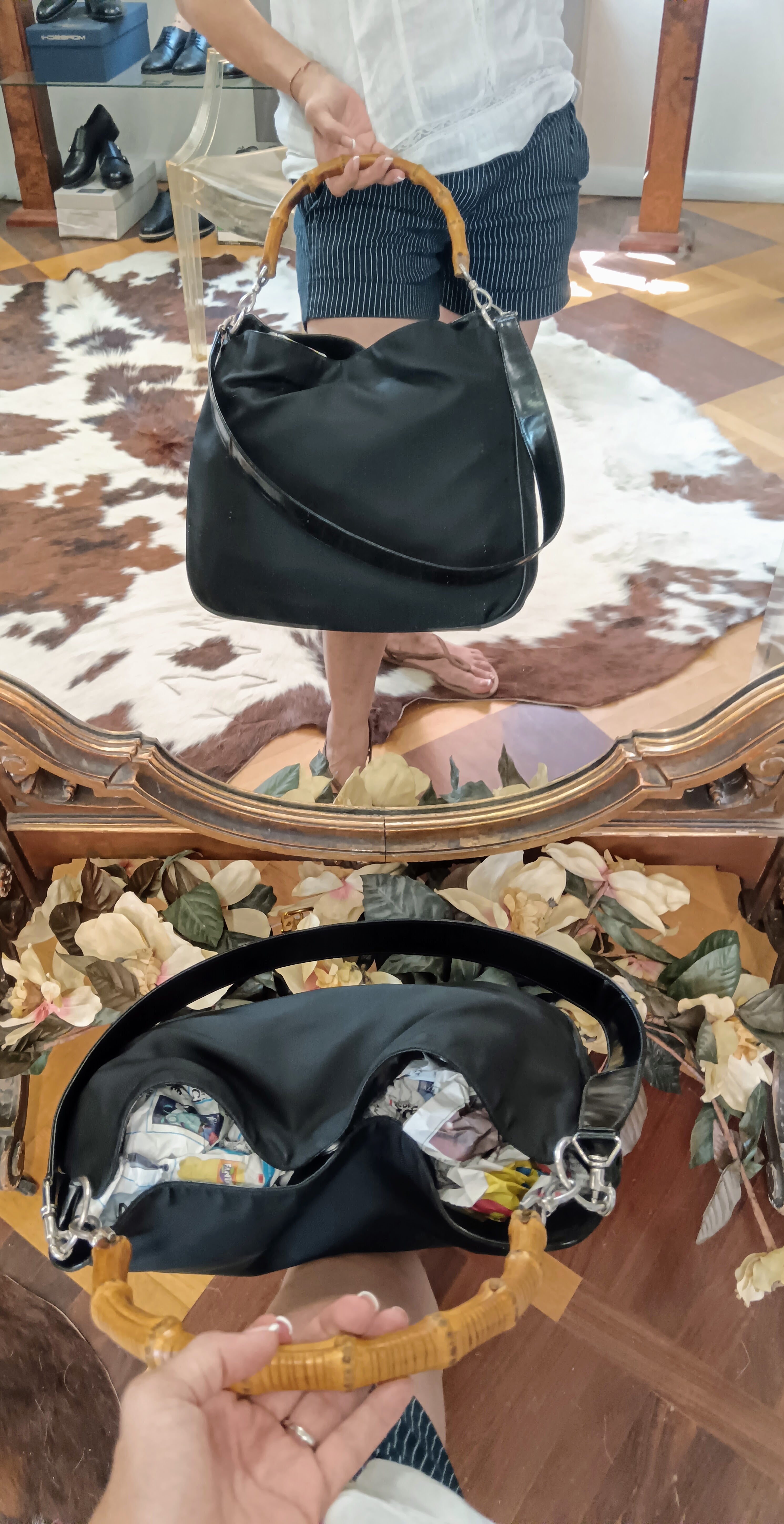 Gucci – Borsa a spalla Bamboo in tessuto e pelle nera Vintage