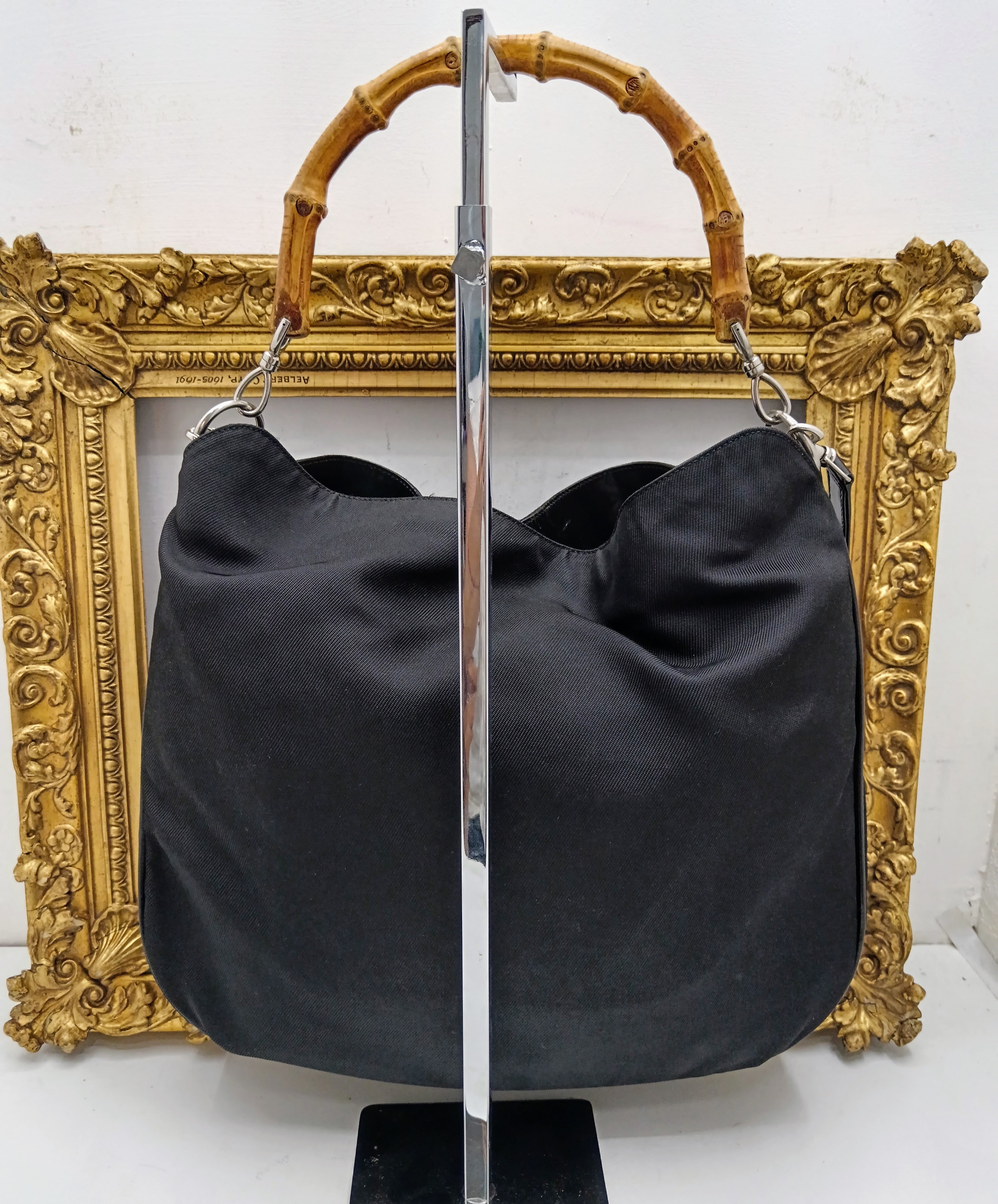 Gucci – Borsa a spalla Bamboo in tessuto e pelle nera Vintage