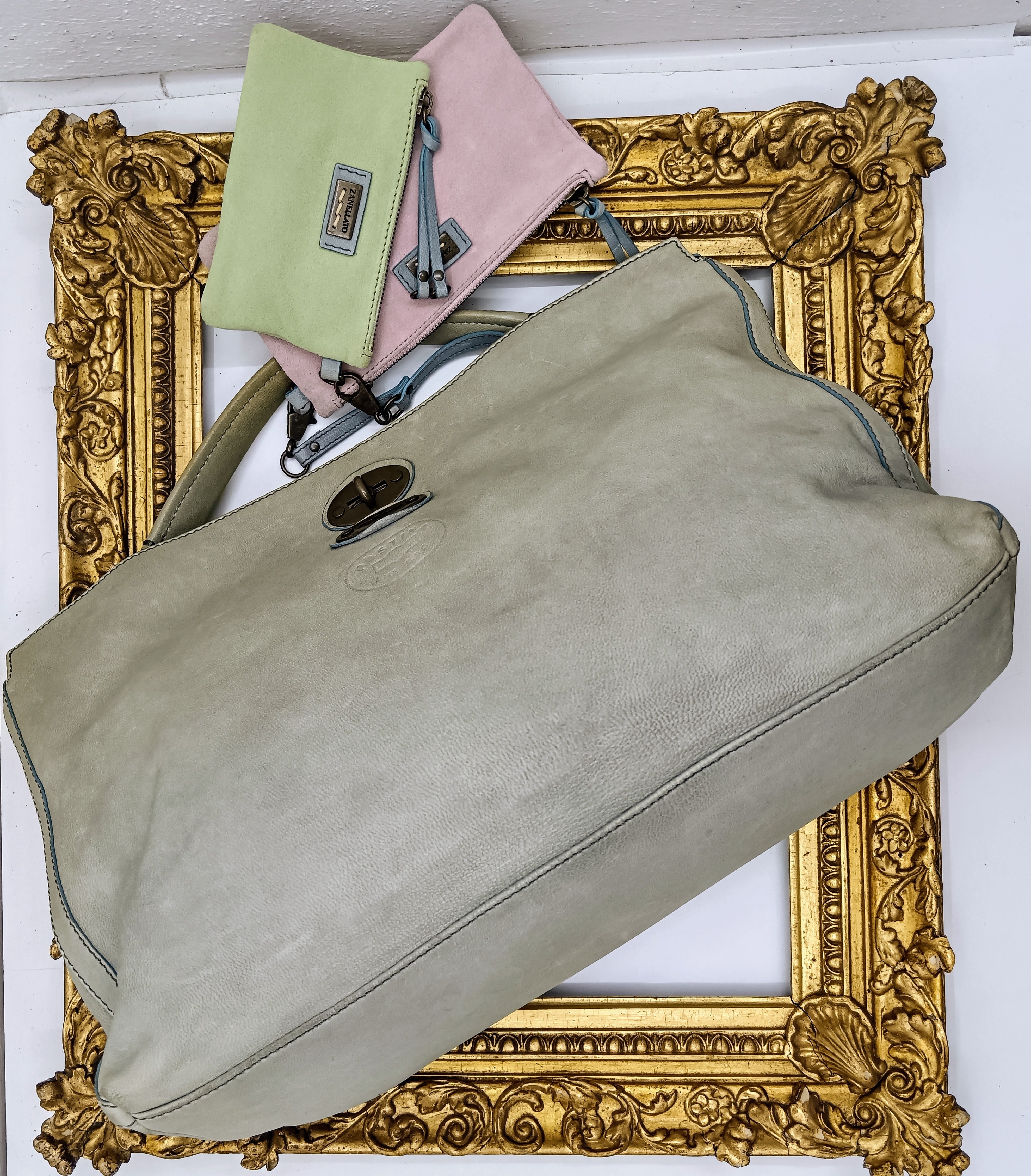 Zanellato – Postina Bag grande con 2 pochette in pelle nabuk azzurro vintage invecchiato