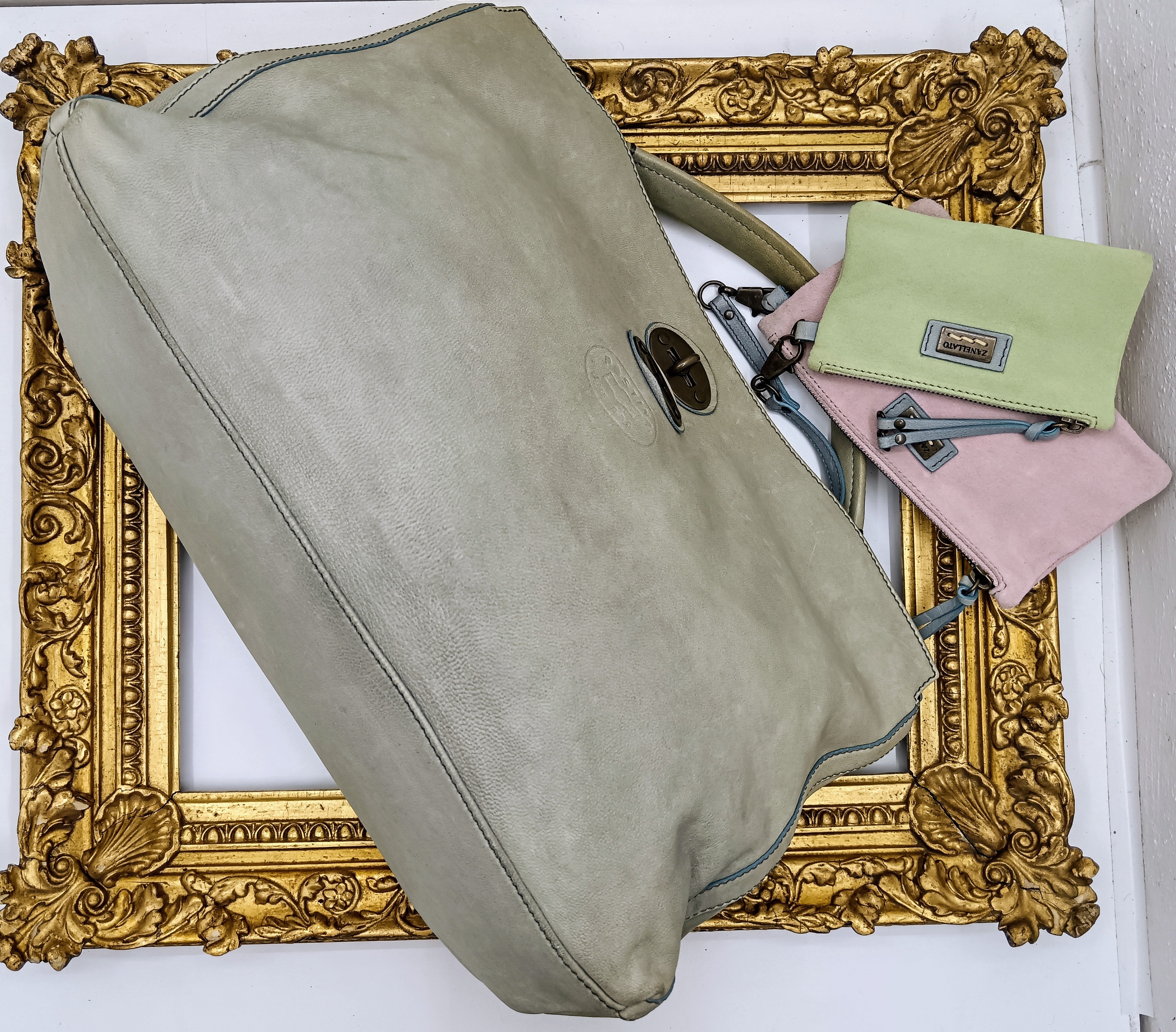 Zanellato – Postina Bag grande con 2 pochette in pelle nabuk azzurro vintage invecchiato