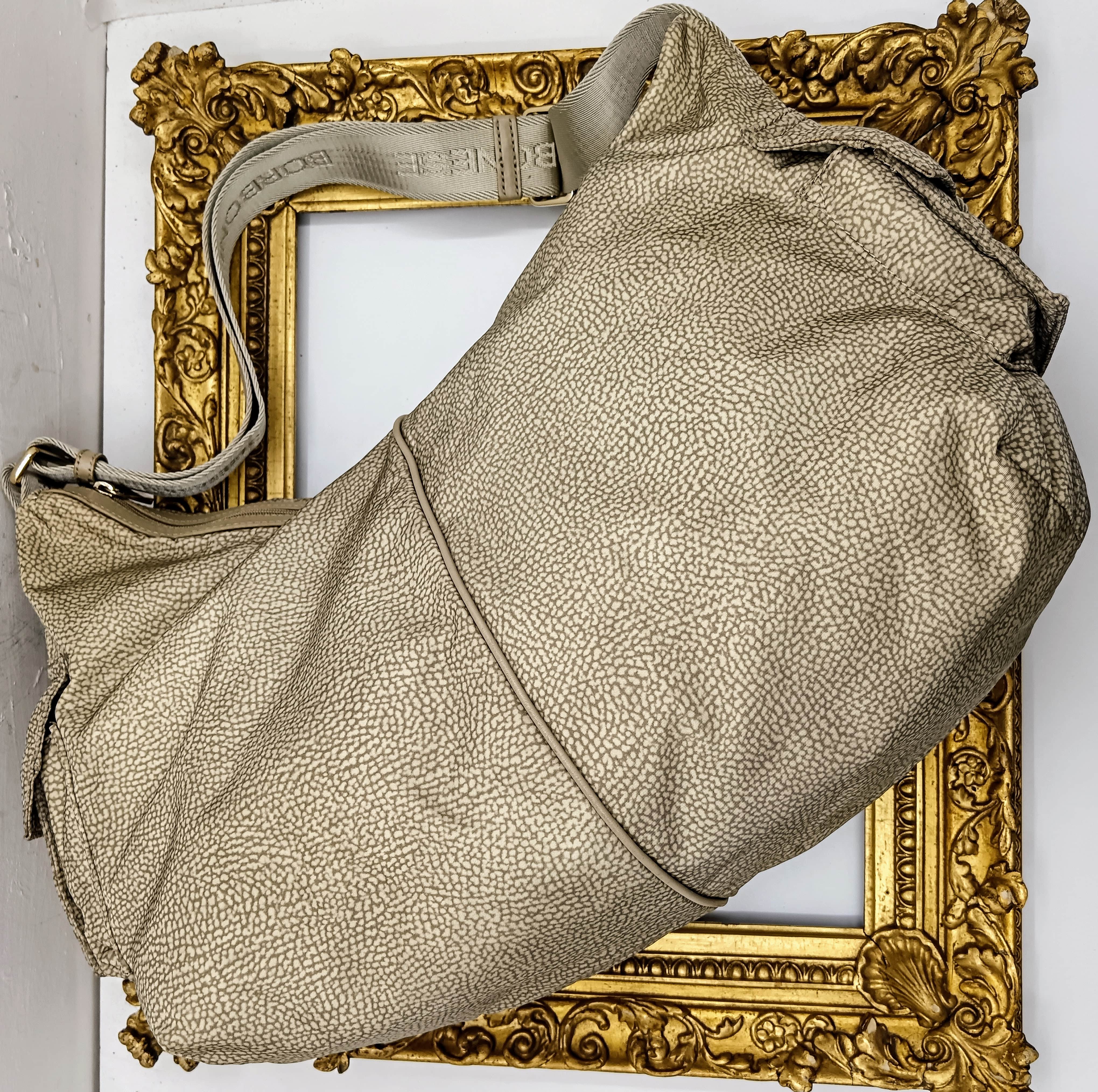 Borbonese – Maxi borsa mezzaluna hobo in tessuto beige tapiro e pelle