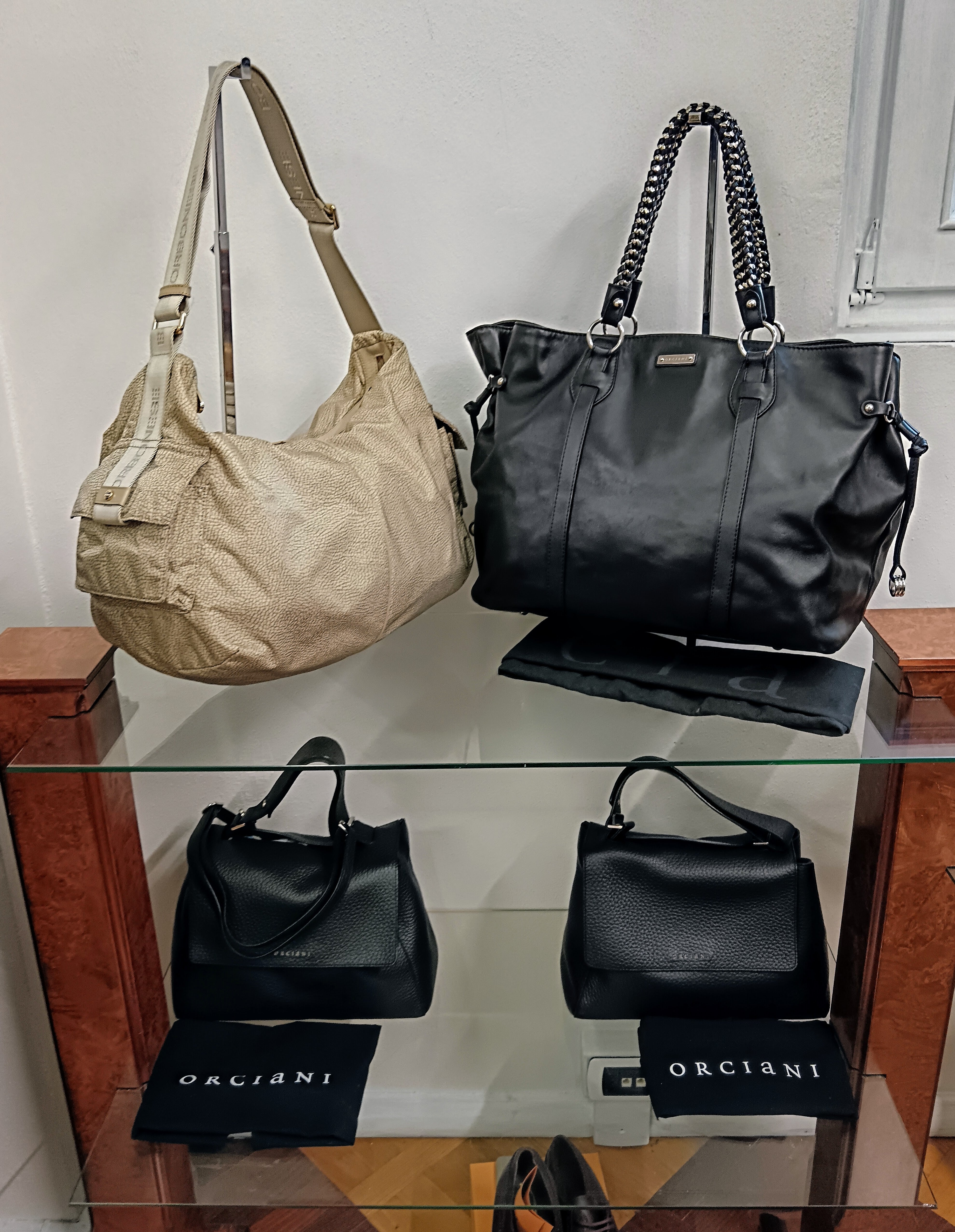 Borbonese – Maxi borsa mezzaluna hobo in tessuto beige tapiro e pelle
