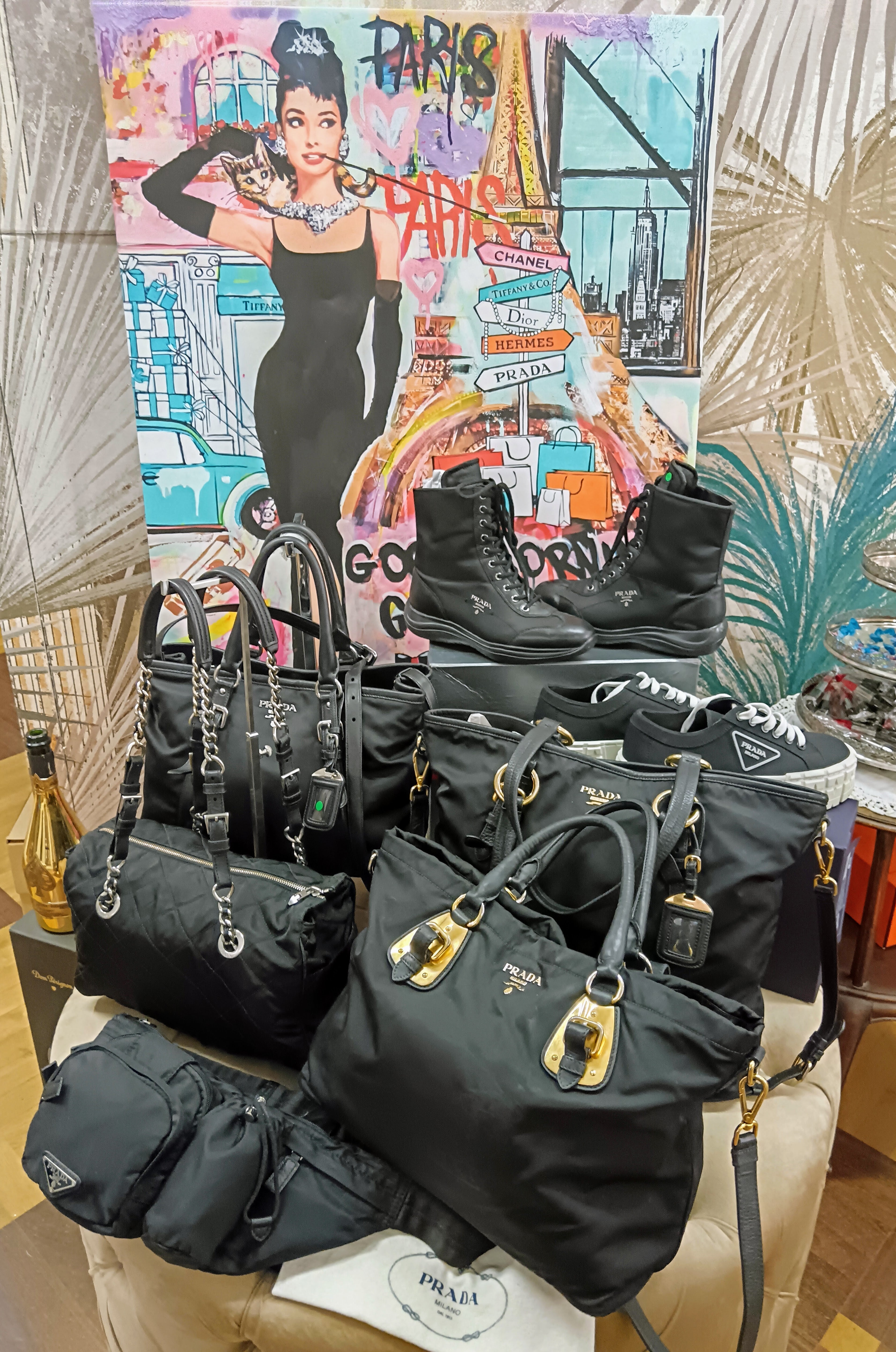 Prada – Shopper Re-Nylon e Pelle Nera Doppi Manici a Spalla con tracolla
