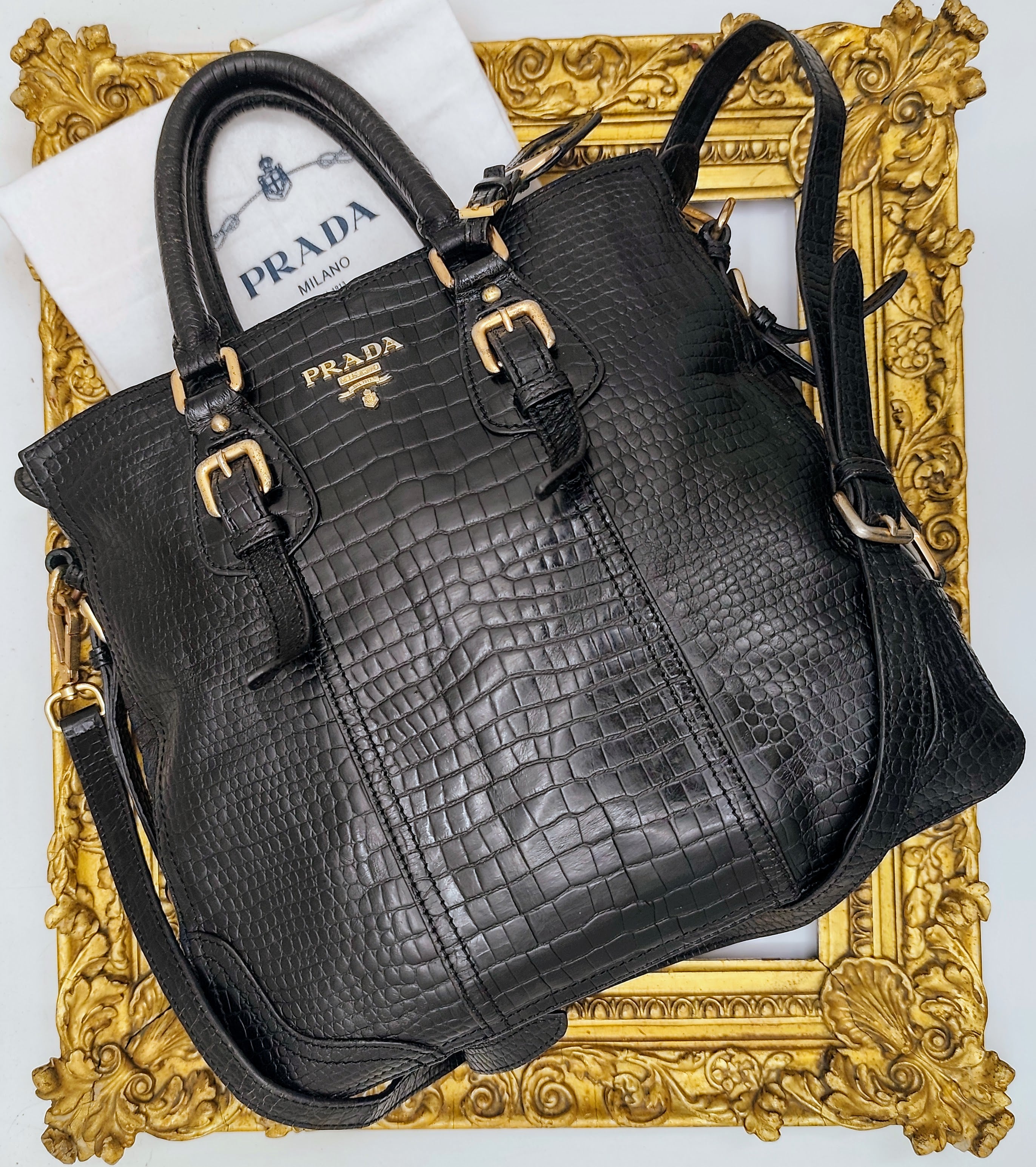 Prada - Tote Bag Shopper a Spalla Stampa Coccodrillo Vintage