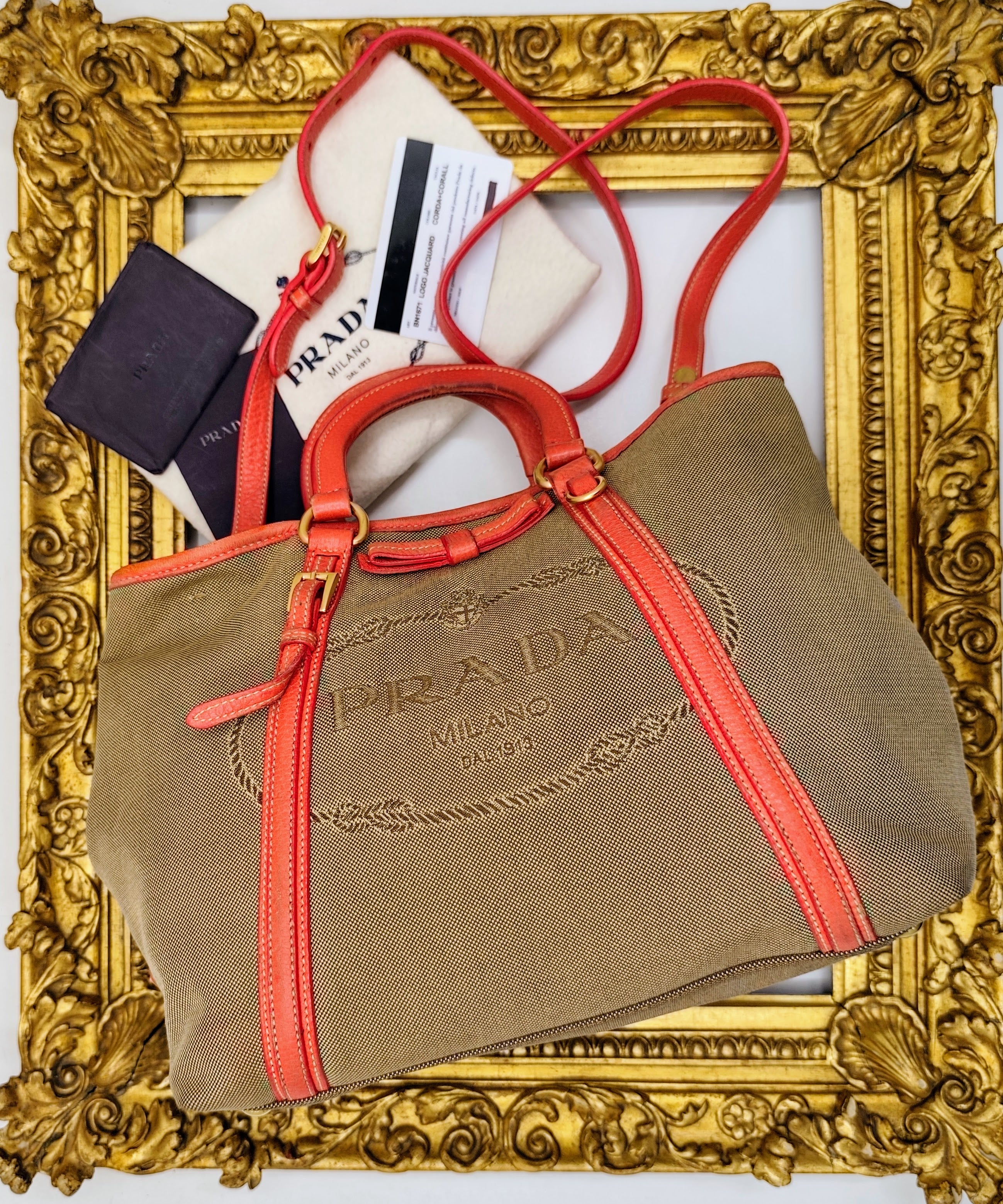 Prada – Shopper Tote Bag Media Logo Jacquard Beige e Corallo