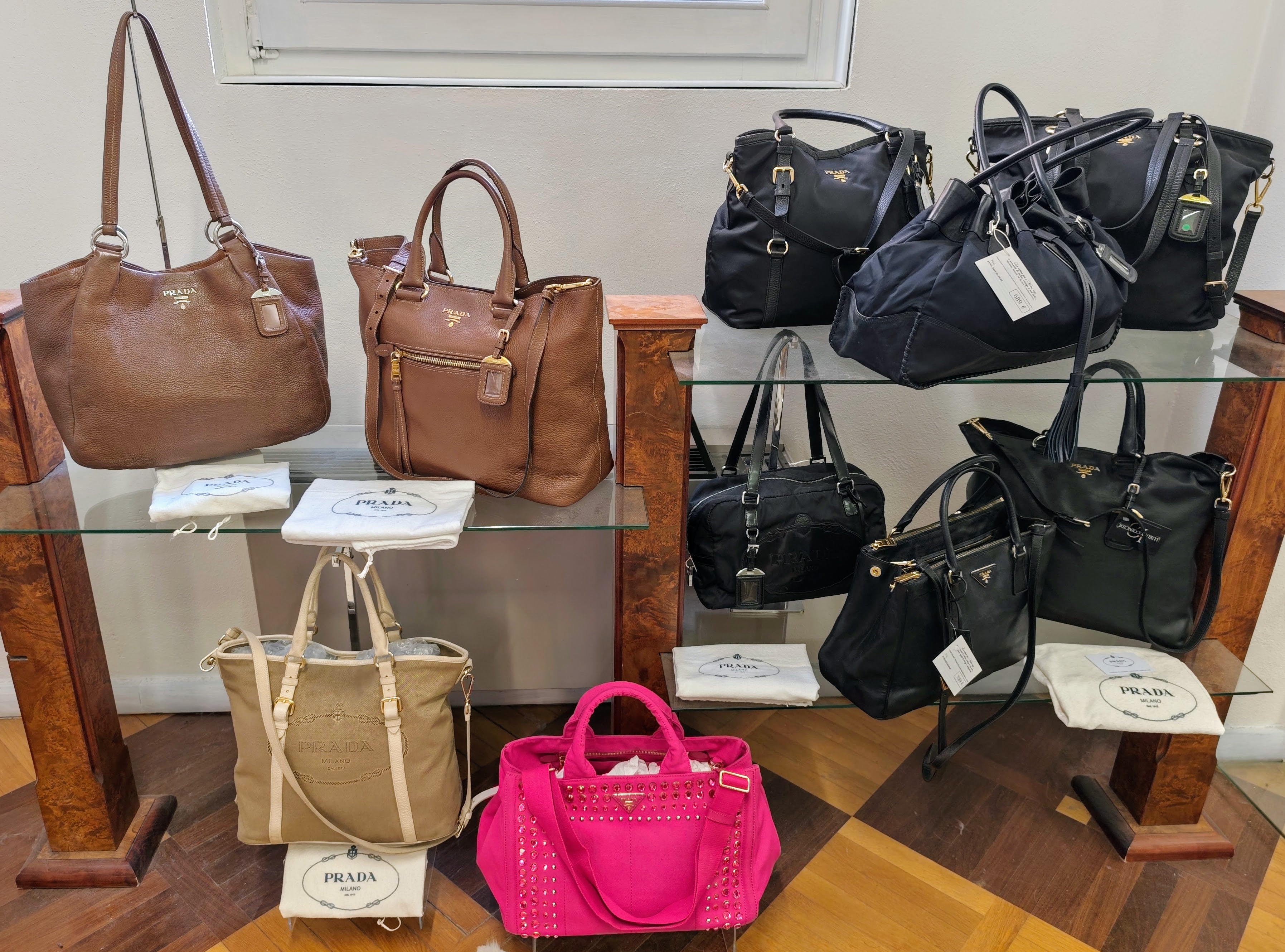 Prada - Borsa Shopping Spalla in Pelle Martellata Marrone