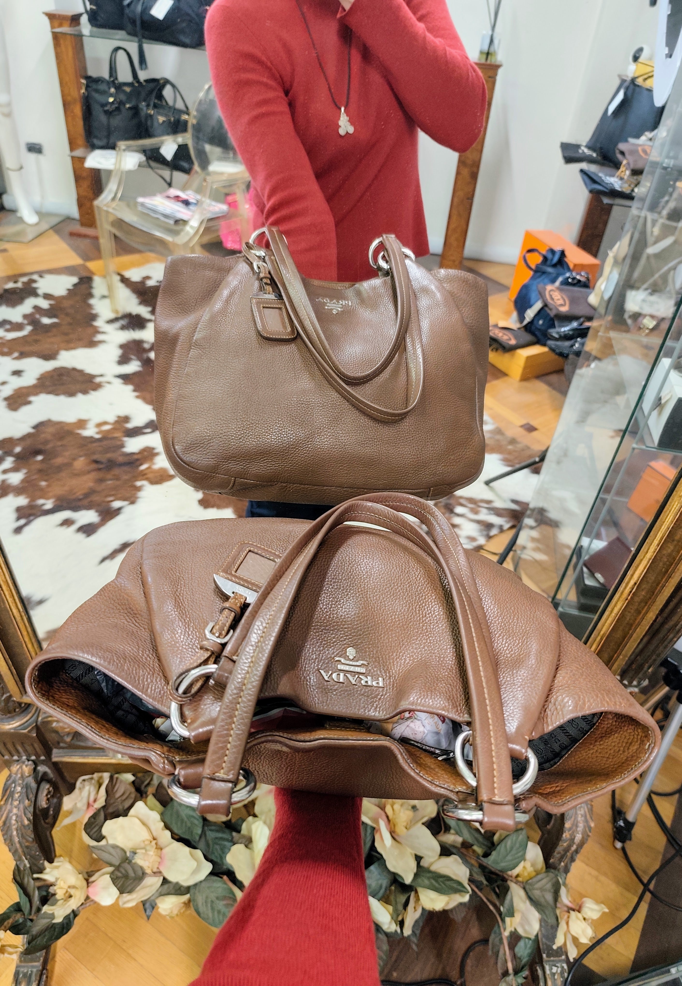Prada - Borsa Shopping Spalla in Pelle Martellata Marrone