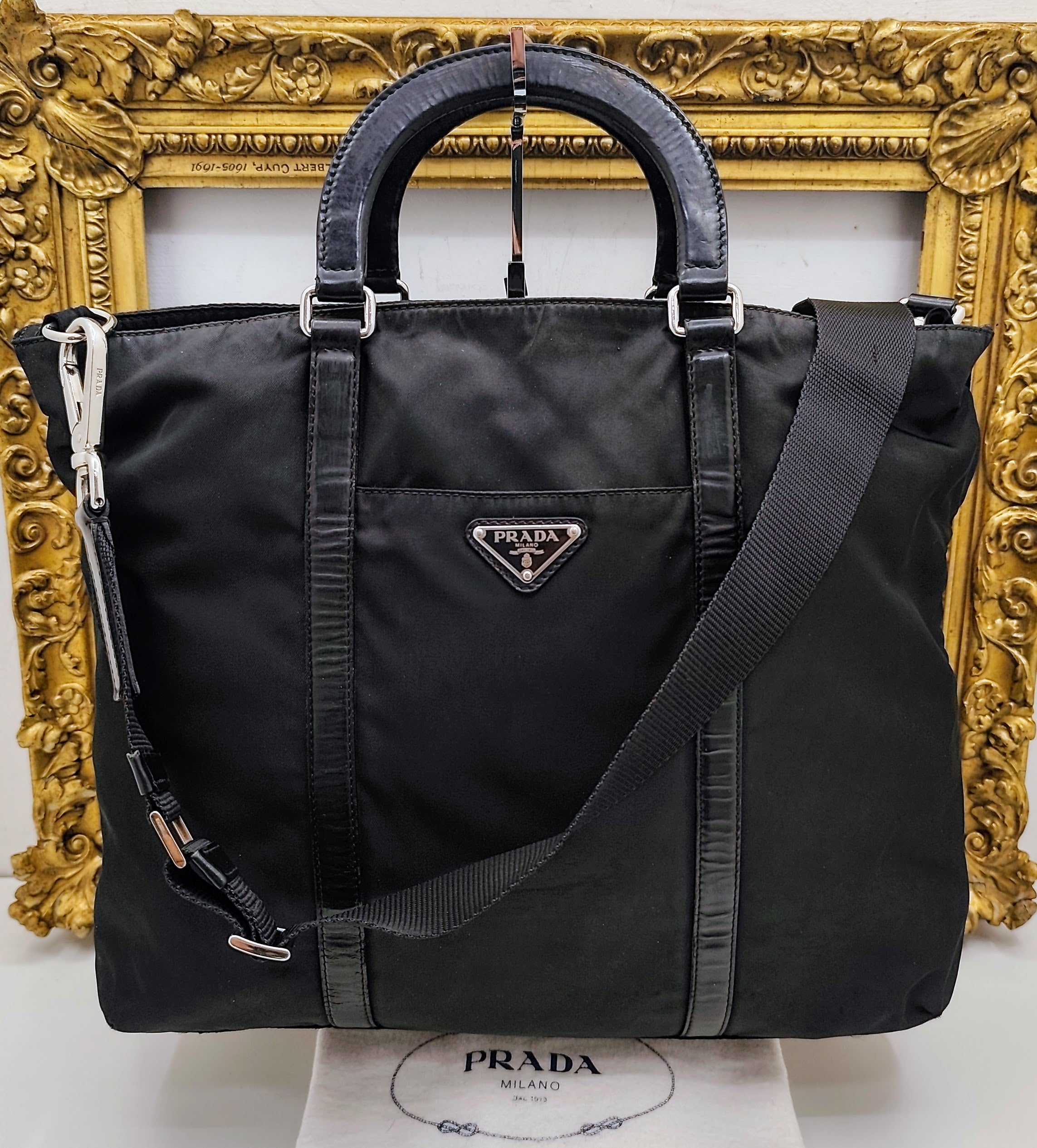 Prada – City 2Way Shopper da Viaggio in Nylon e Pelle Nero con Tracolla