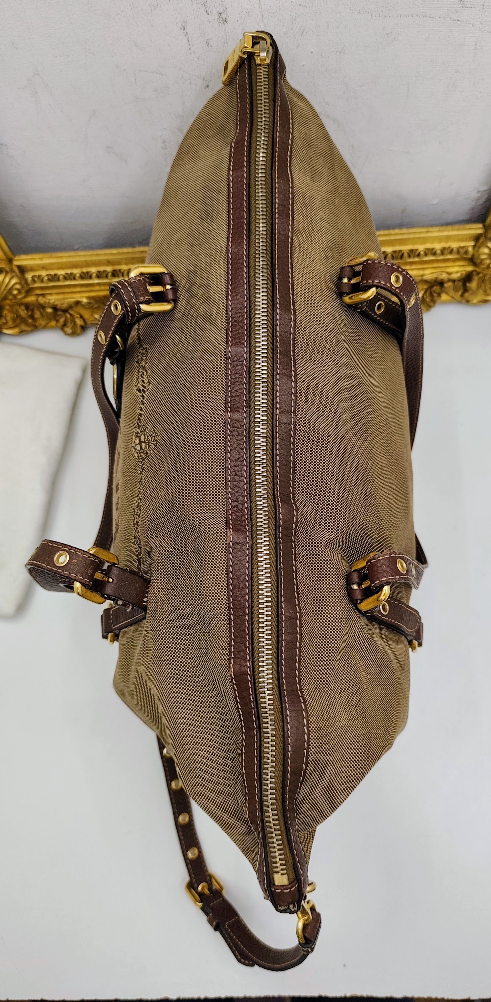 Prada - Shopper Tote Bag in Tessuto Jacquard Beige e Inserti in Pelle