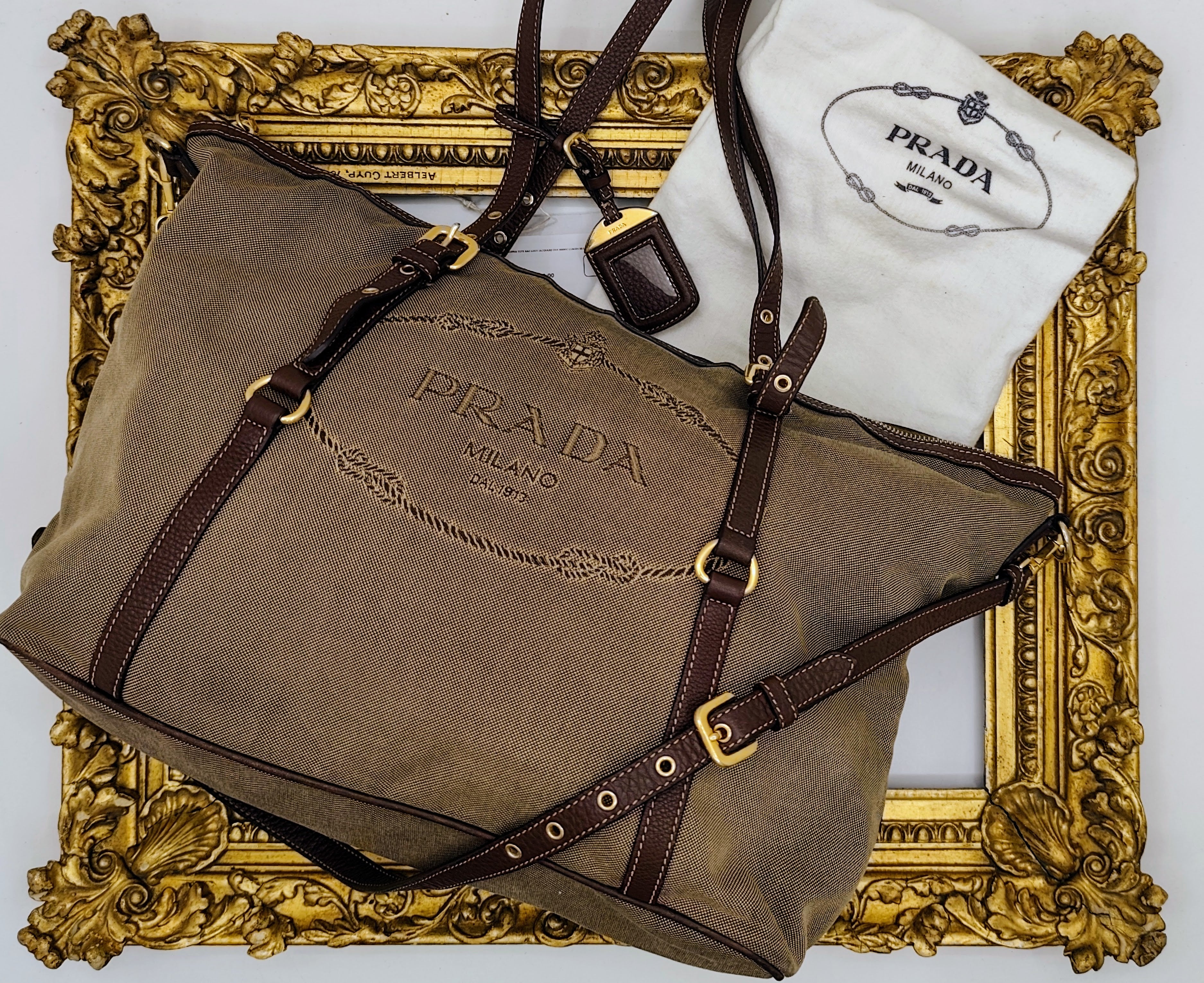 Prada - Shopper Tote Bag in Tessuto Jacquard Beige e Inserti in Pelle