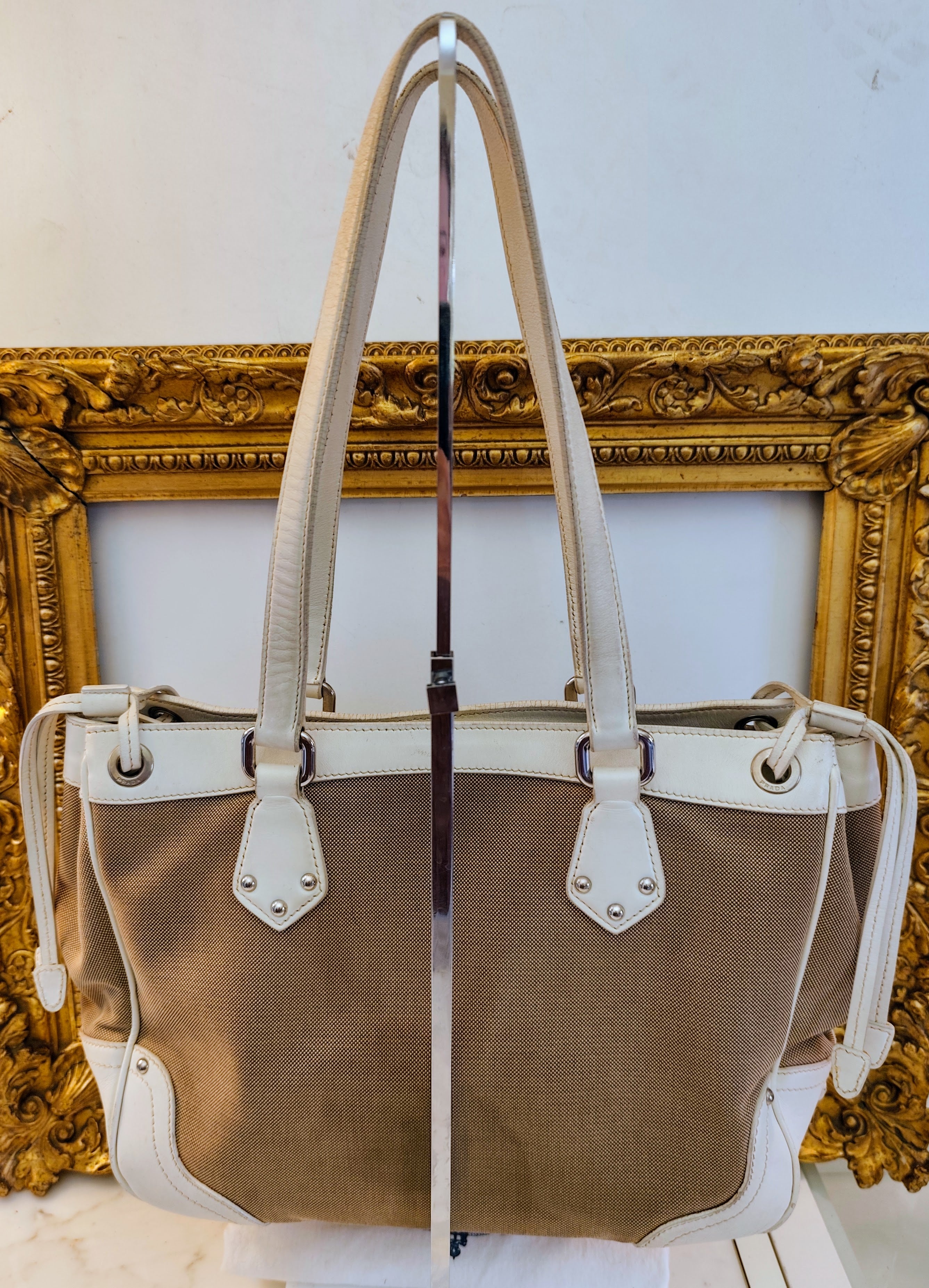 Prada - Tote Bag a Spalla Jacquard Tessuto e pelle