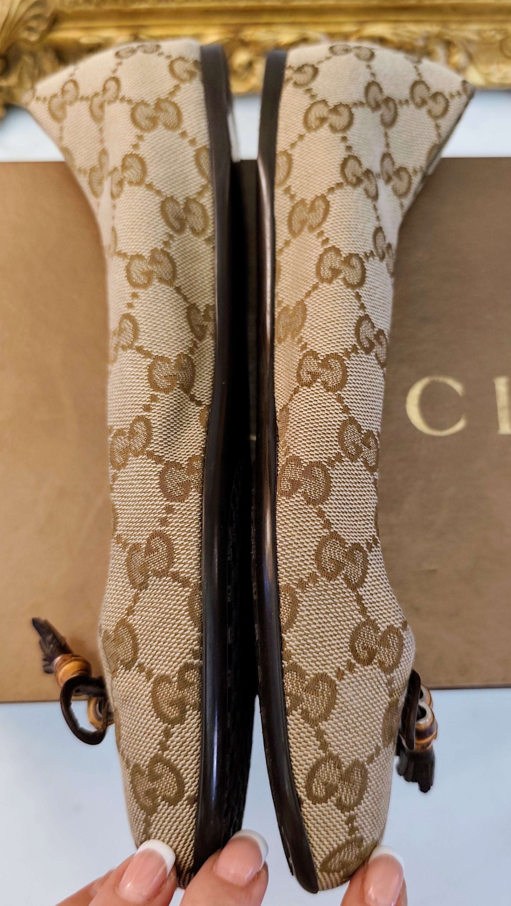 Gucci – Ballerine Tessuto “GG” Beige Fiocchi e Charm Bamboo