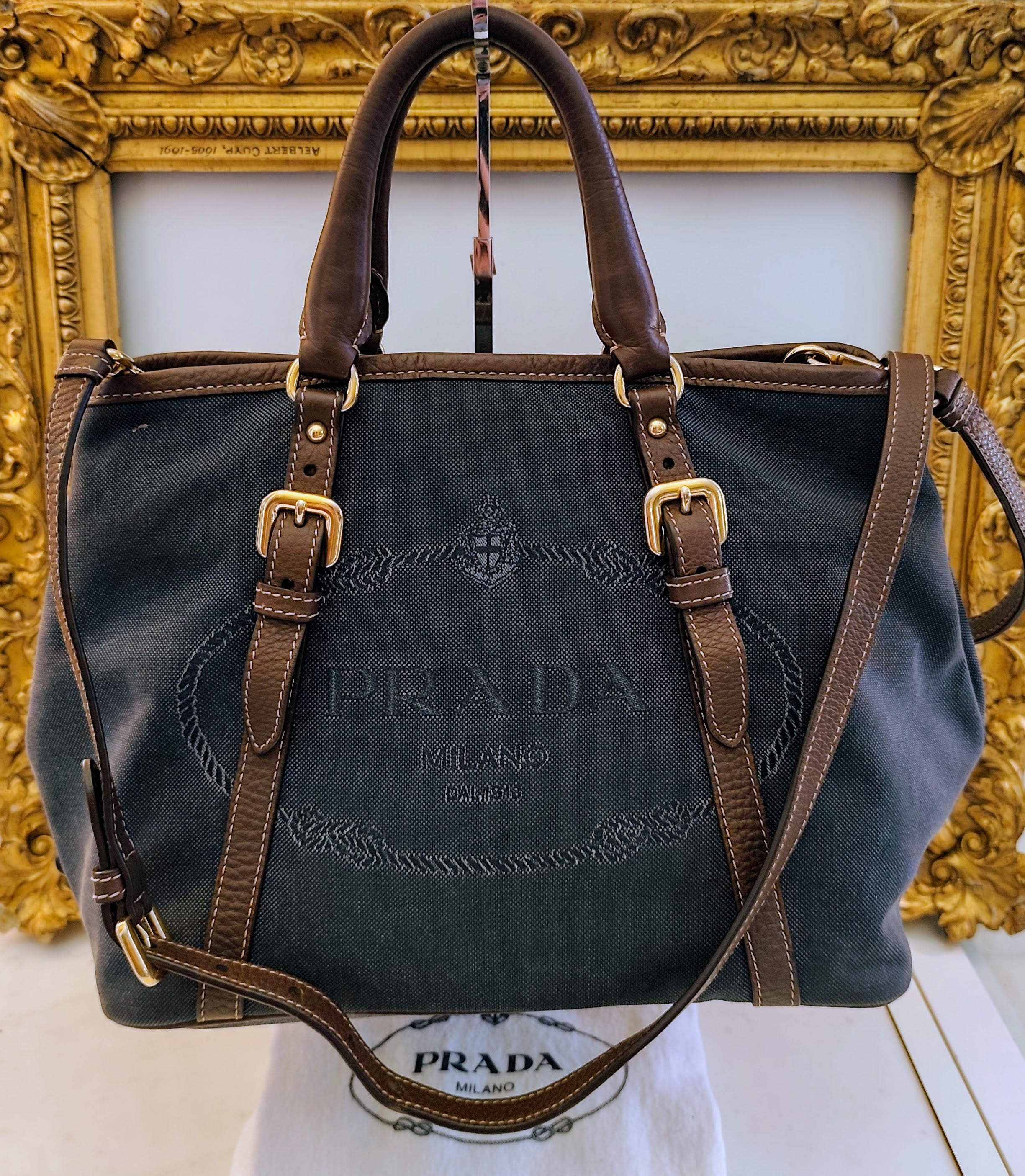 Prada – Tote Bag Media Logo Jacquard Tessuto Denim e inserti in Pelle