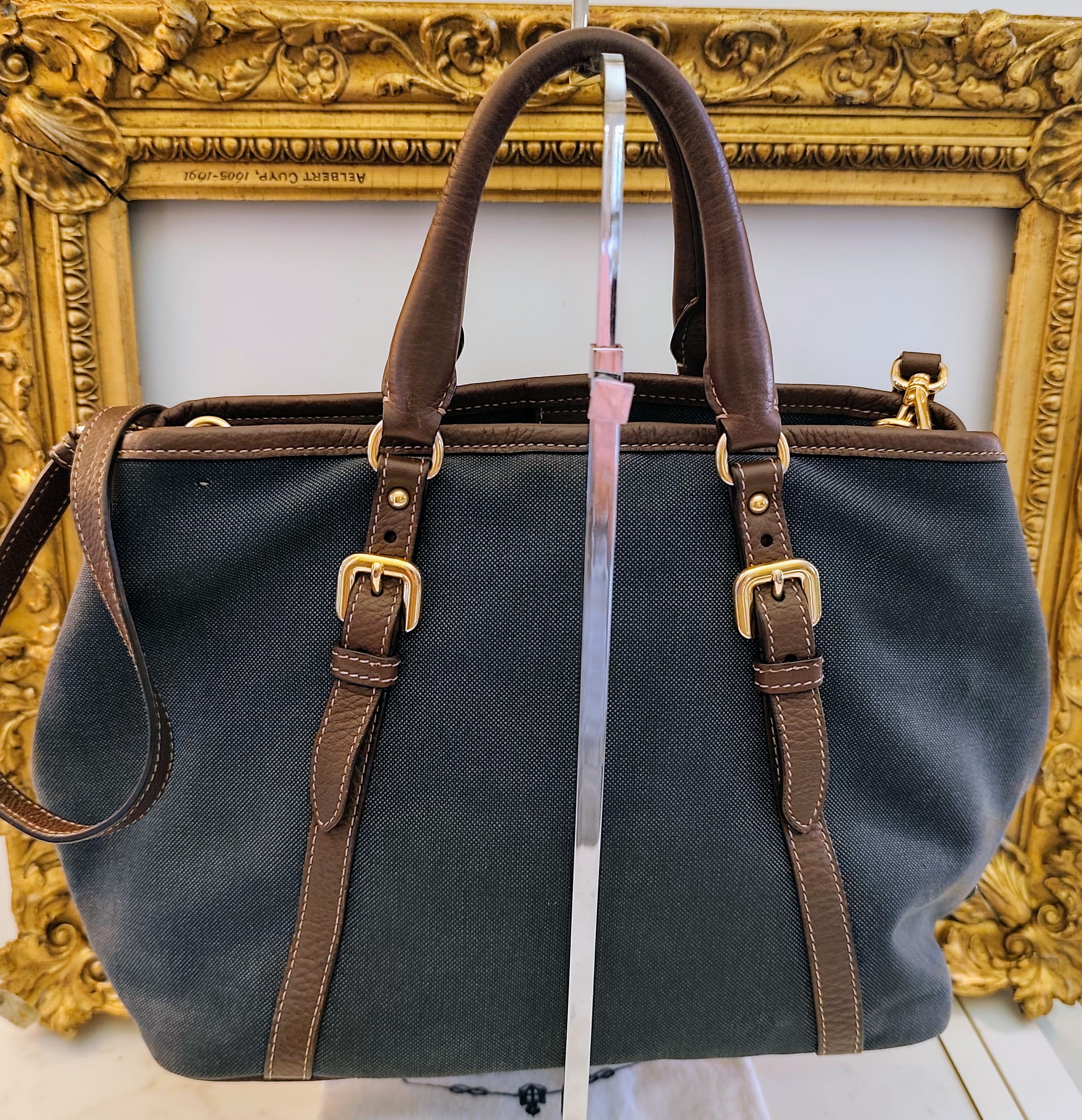 Prada – Tote Bag Media Logo Jacquard Tessuto Denim e inserti in Pelle