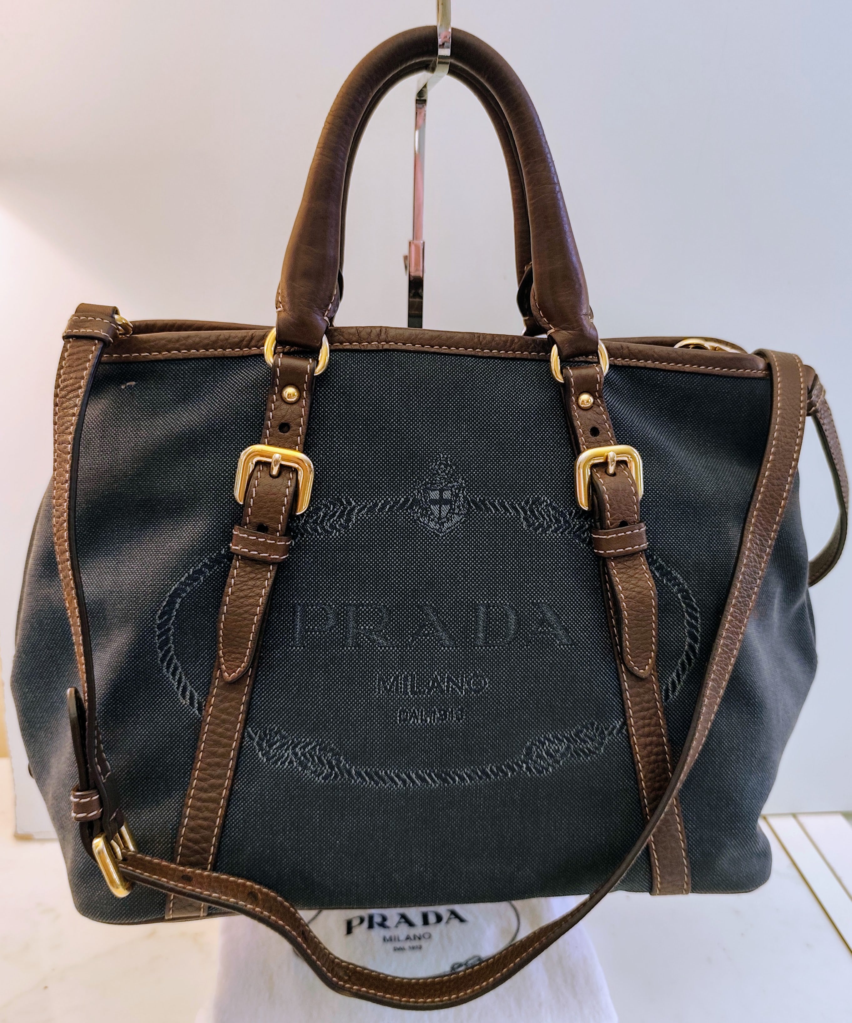 Prada – Tote Bag Media Logo Jacquard Tessuto Denim e inserti in Pelle