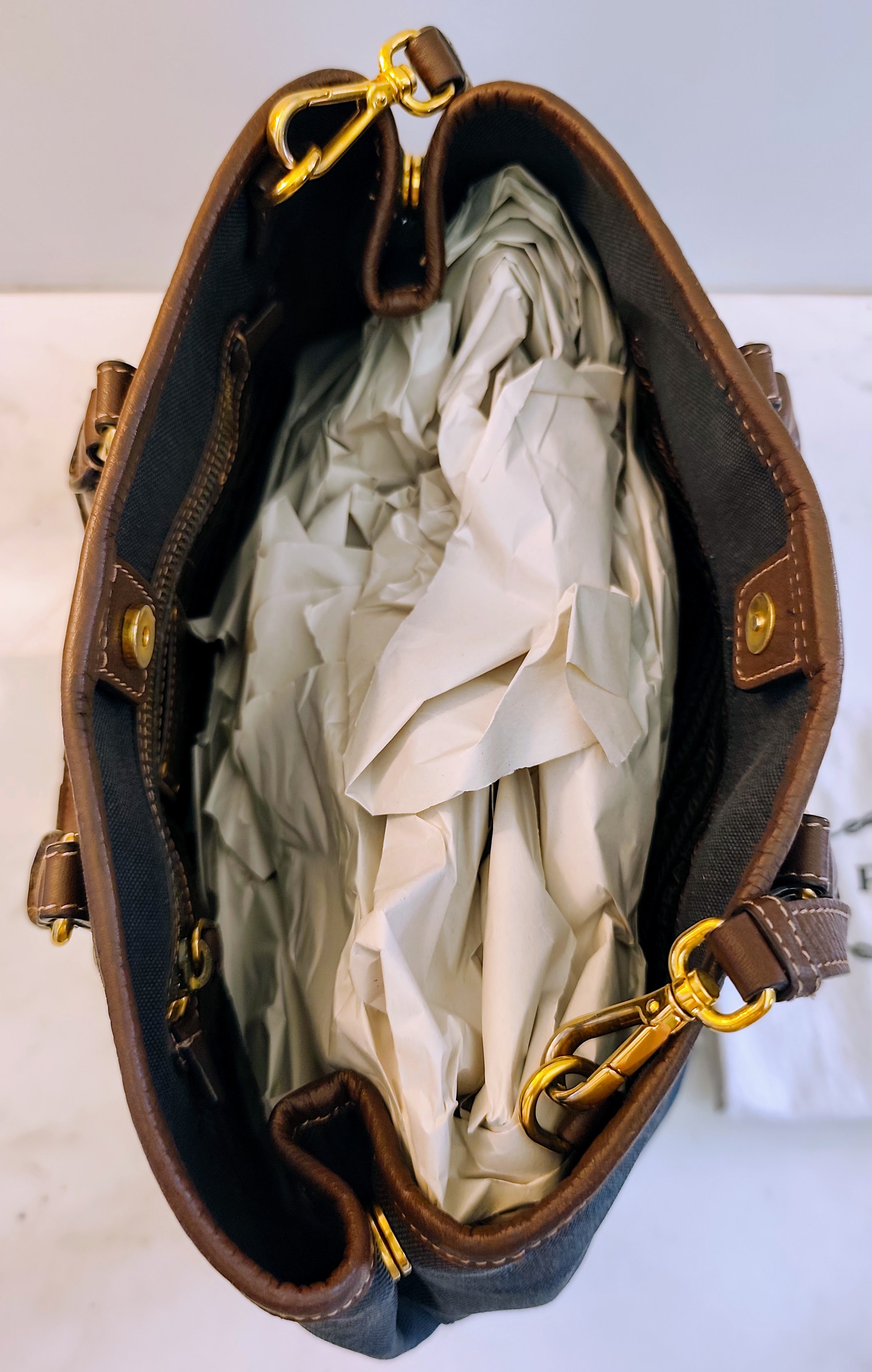 Prada – Tote Bag Media Logo Jacquard Tessuto Denim e inserti in Pelle