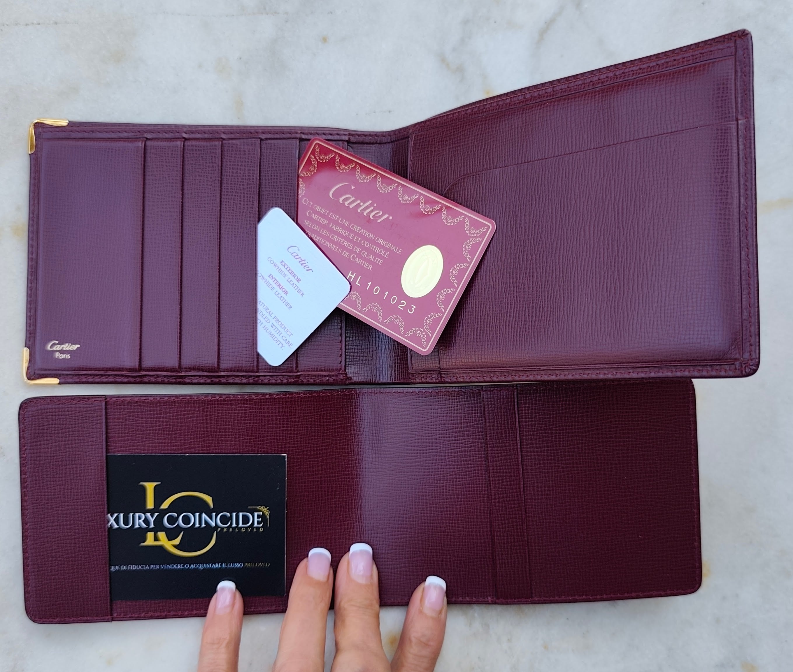 Cartier – Portafoglio con Porta Assegni Staccabile in Pelle Bordeaux